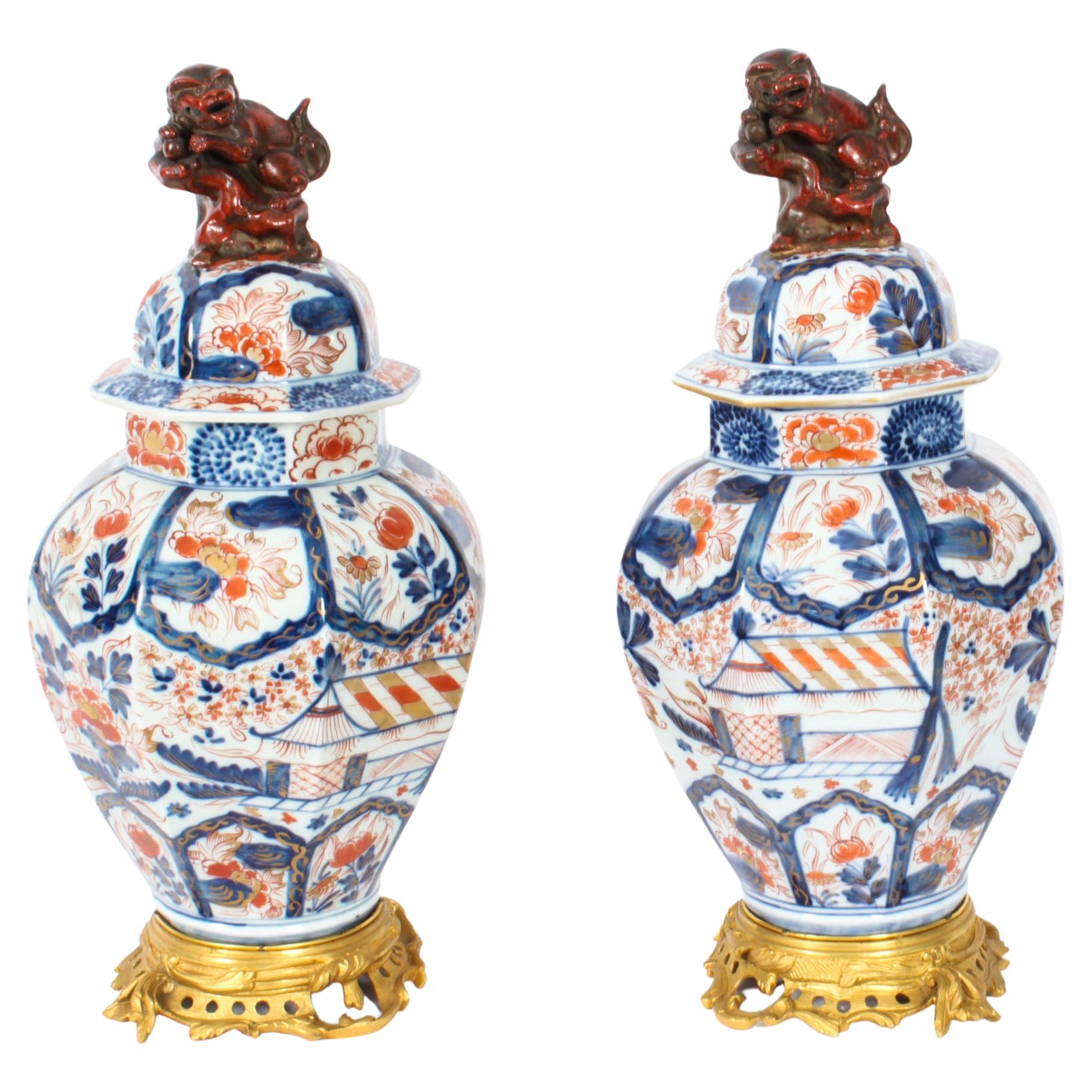 Antique Large Pair Japanese Imari Porcelain Vases on Stands, 18th Century