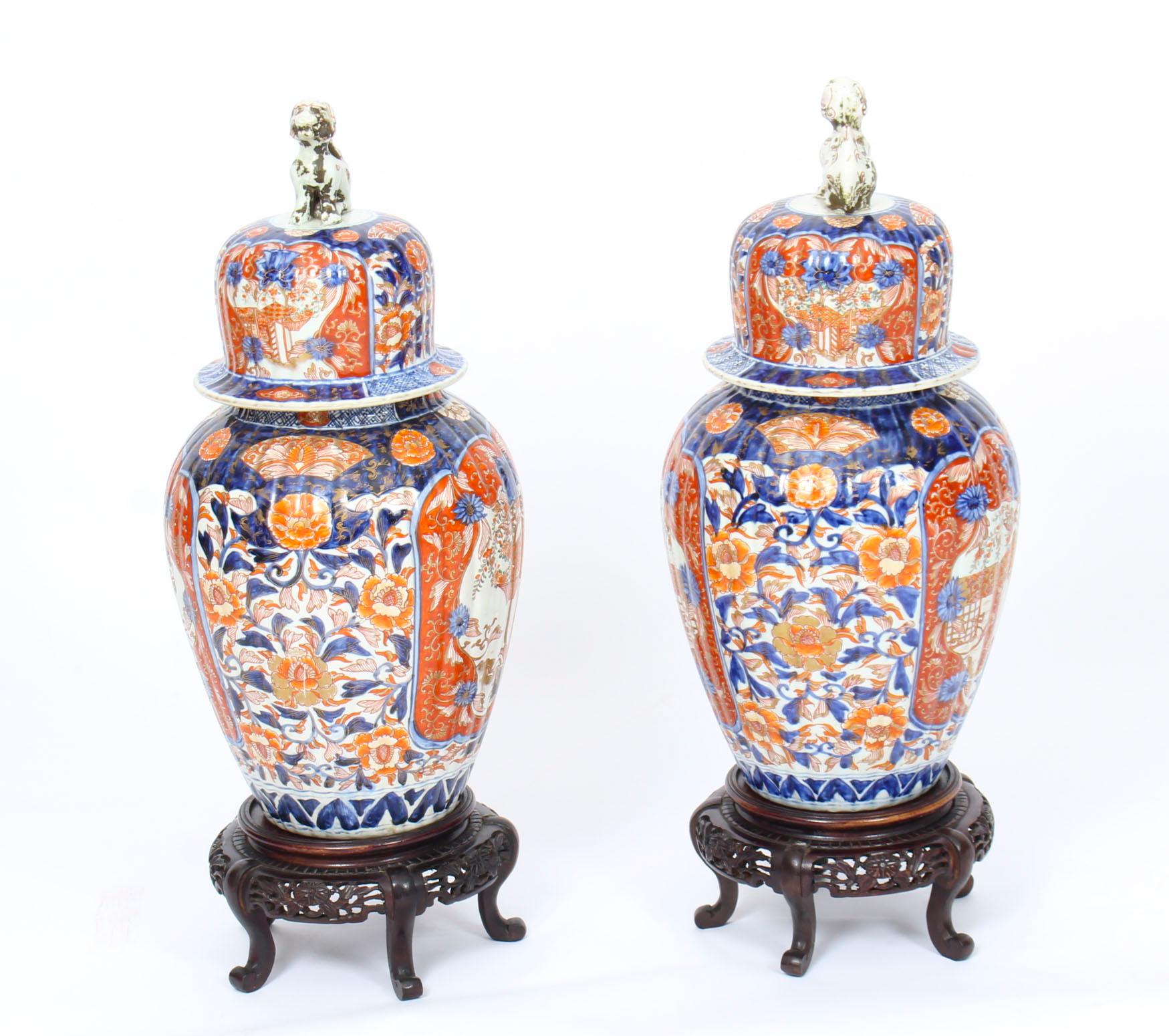 Antique Large Pair Japanese Imari Porcelain Vases on Stands, 19th Century 6