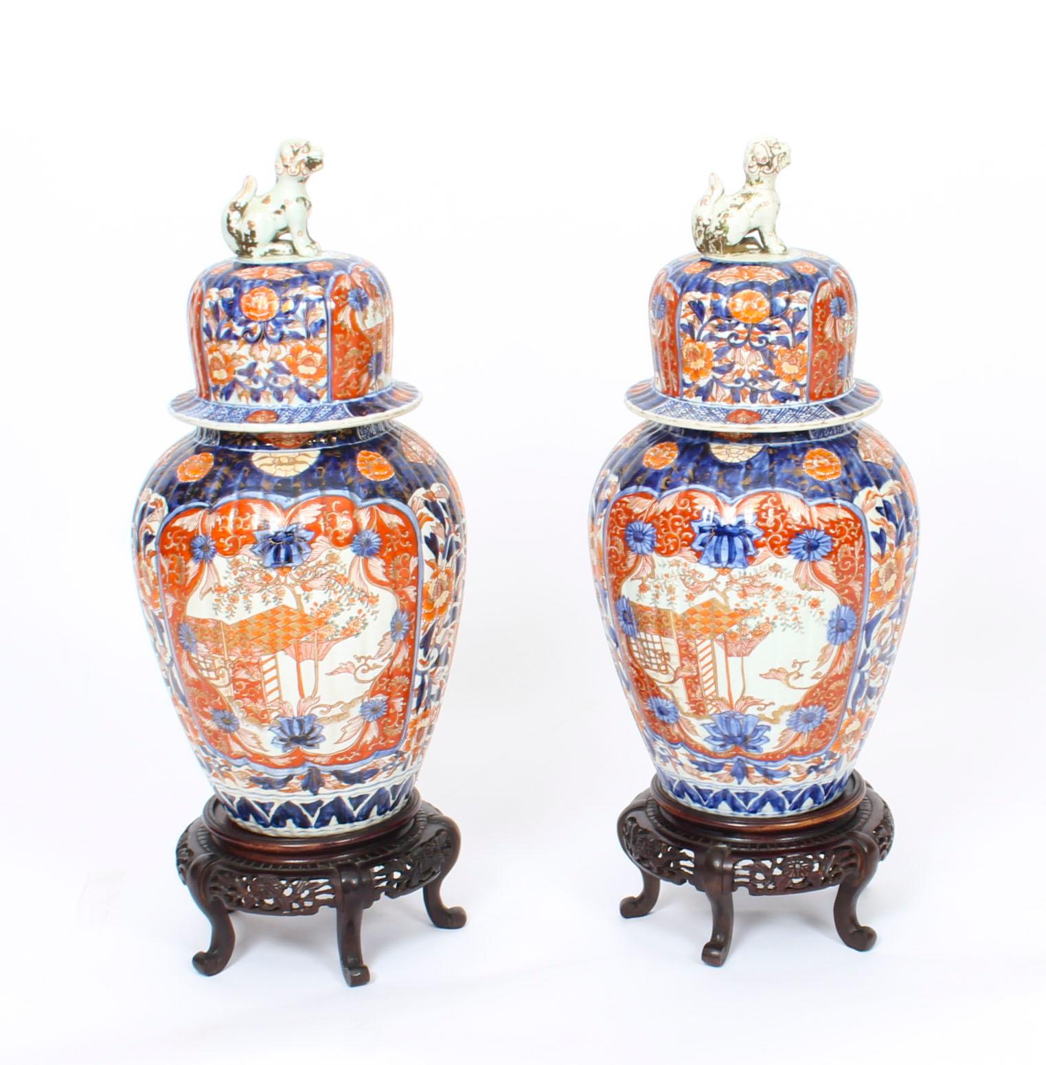 Antique Large Pair Japanese Imari Porcelain Vases on Stands, 19th Century 11