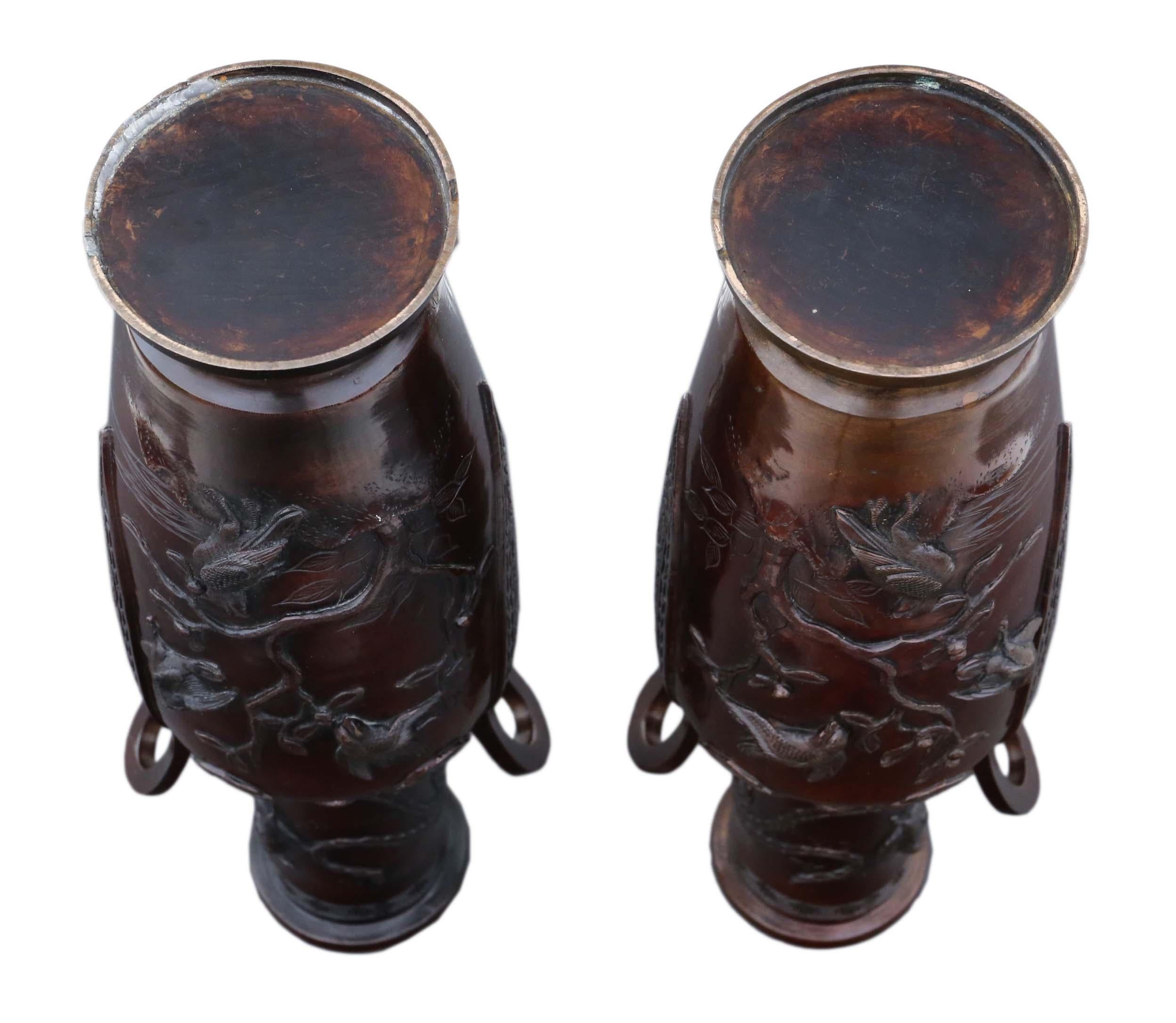Antique Large Pair of 19th Century Japanese Bronze Vases Meiji Period 6