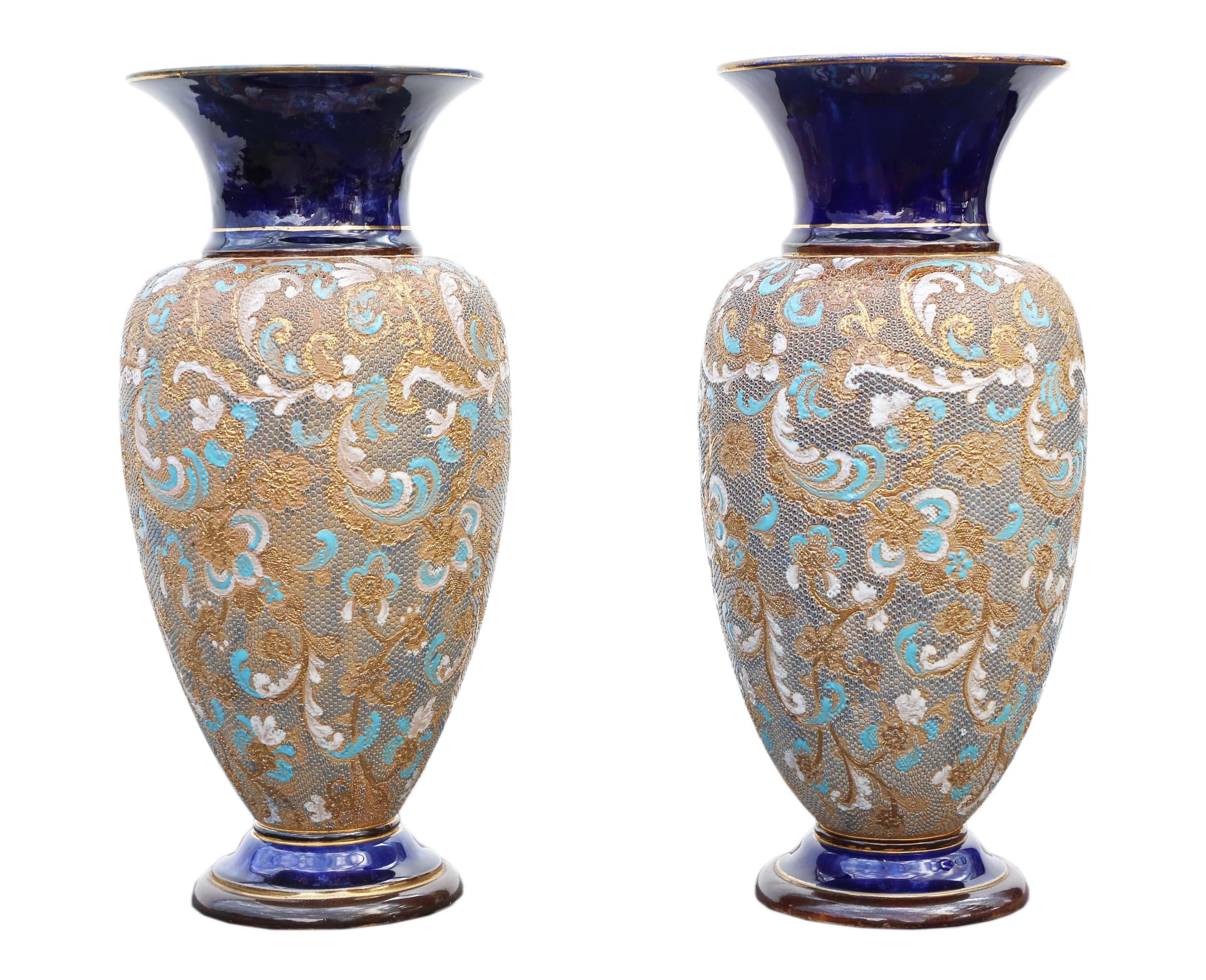 Antique large pair of Royal Doulton Slater vases. Art Nouveau, early 20th Century.

Lovely quality vases... a touch of class.

Would look amazing in the right location!

Overall maximum dimensions (each): 16cm diameter x 35cmH.

In excellent