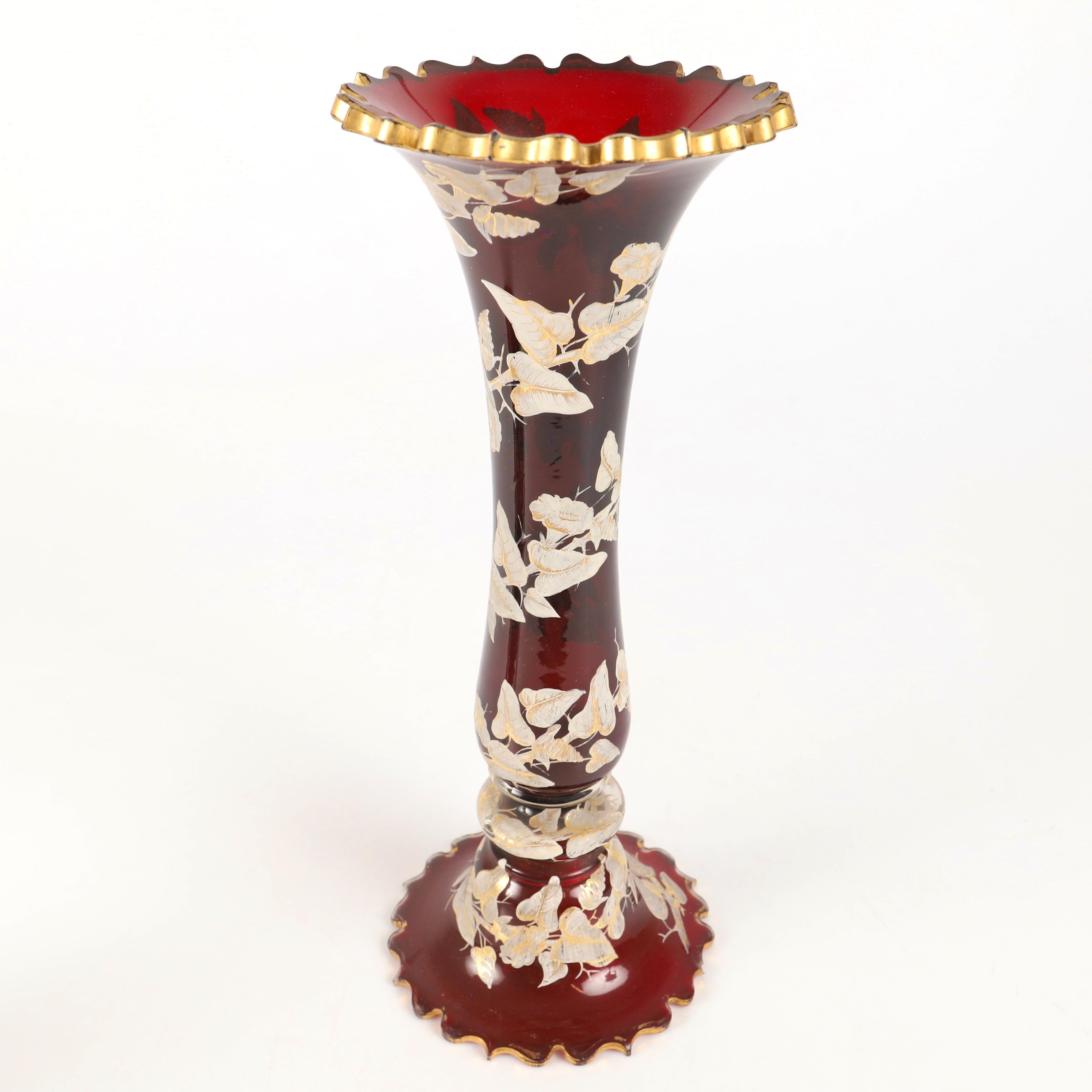 Enameled Antique Large Pair of Bohemian Enamelled Ruby Red Glass Vases, 19th Century For Sale