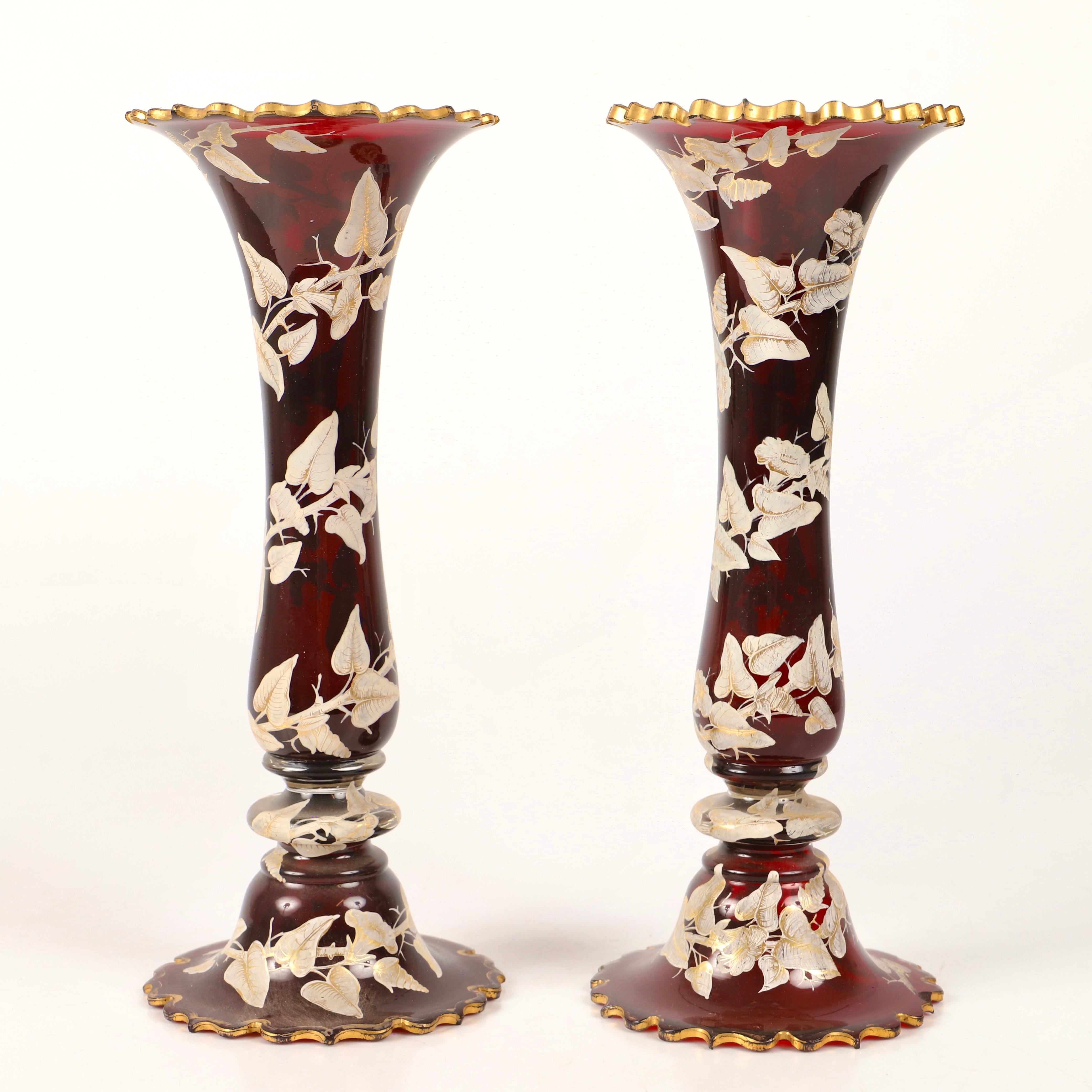 Antique Large Pair of Bohemian Enamelled Ruby Red Glass Vases, 19th Century In Good Condition For Sale In Rostock, MV