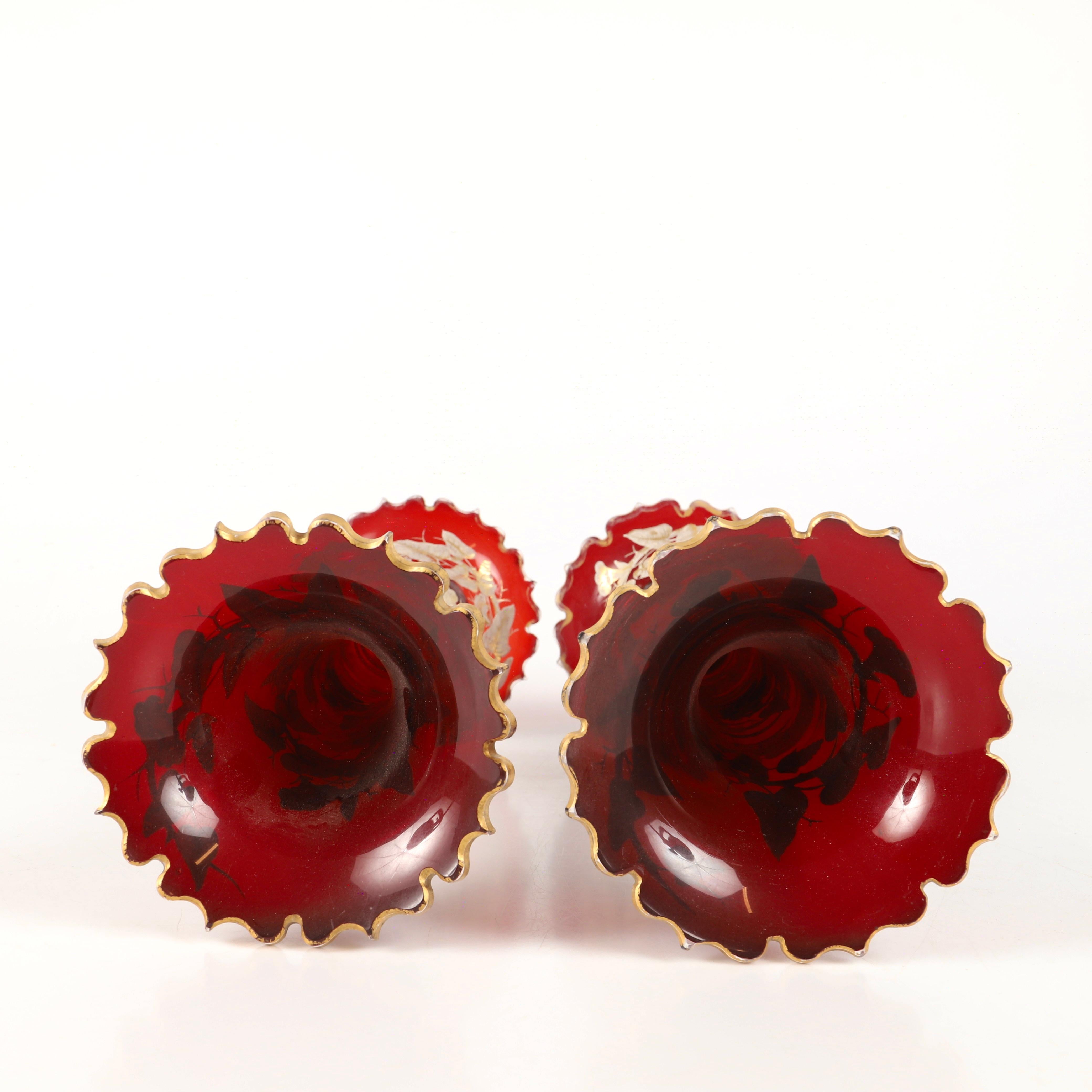 Blown Glass Antique Large Pair of Bohemian Enamelled Ruby Red Glass Vases, 19th Century For Sale