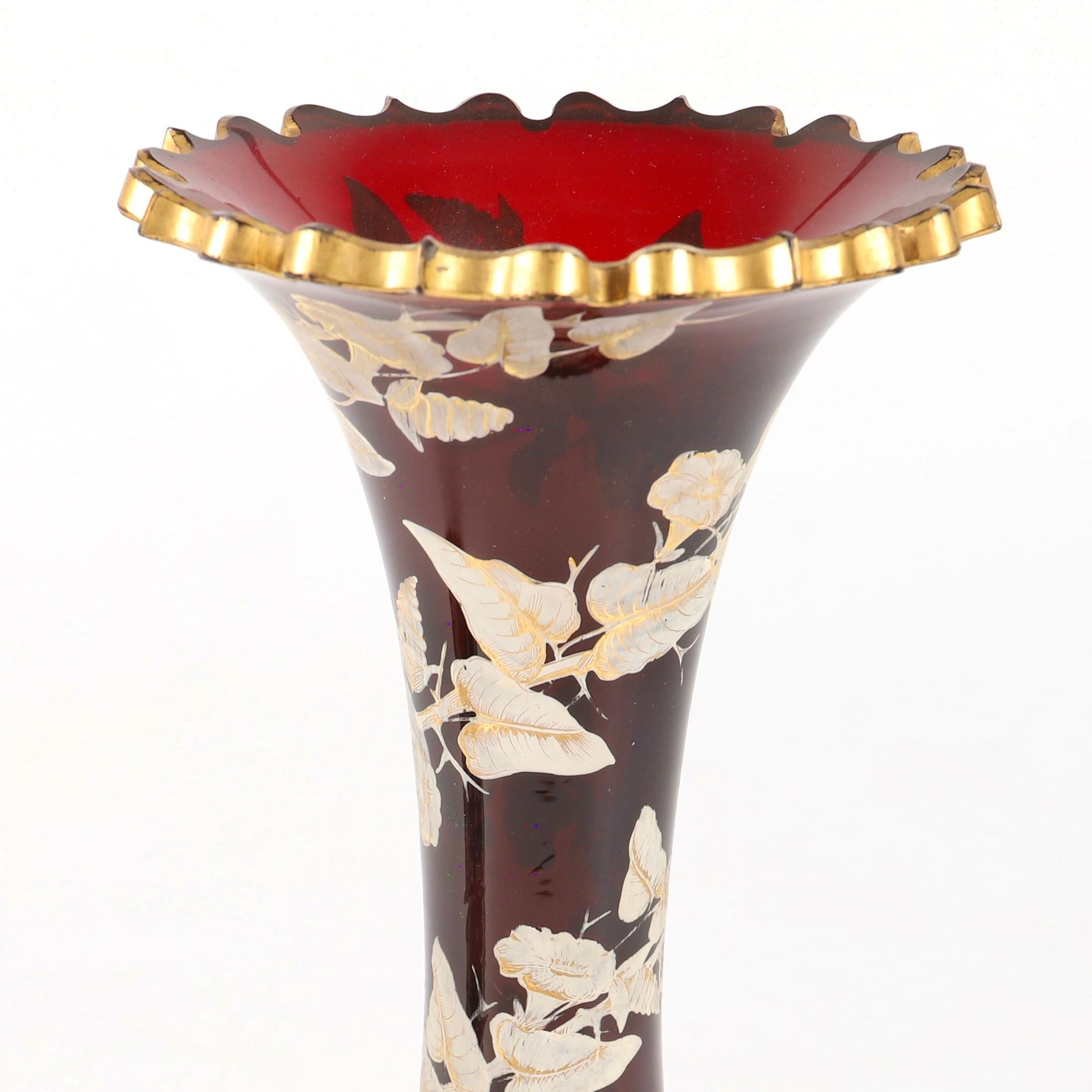 Antique Large Pair of Bohemian Enamelled Ruby Red Glass Vases, 19th Century For Sale 1