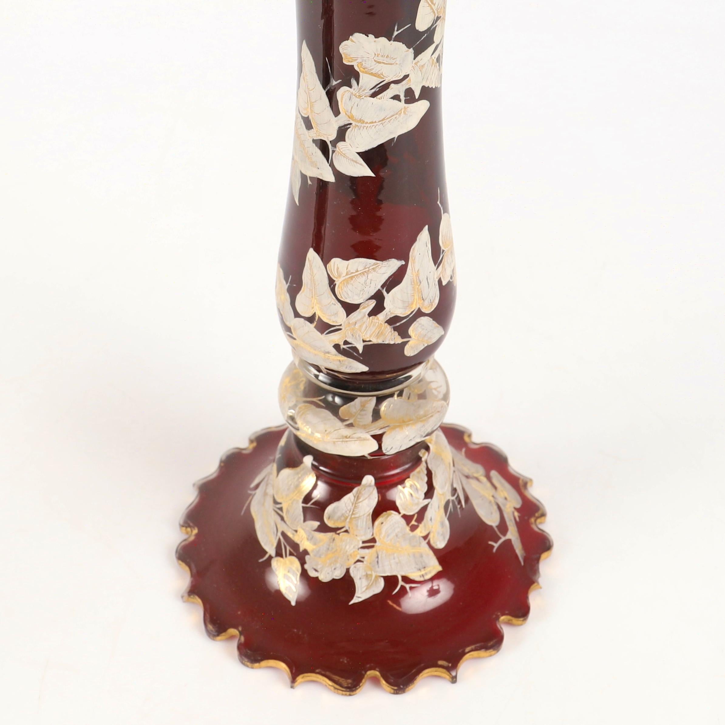 Antique Large Pair of Bohemian Enamelled Ruby Red Glass Vases, 19th Century For Sale 2