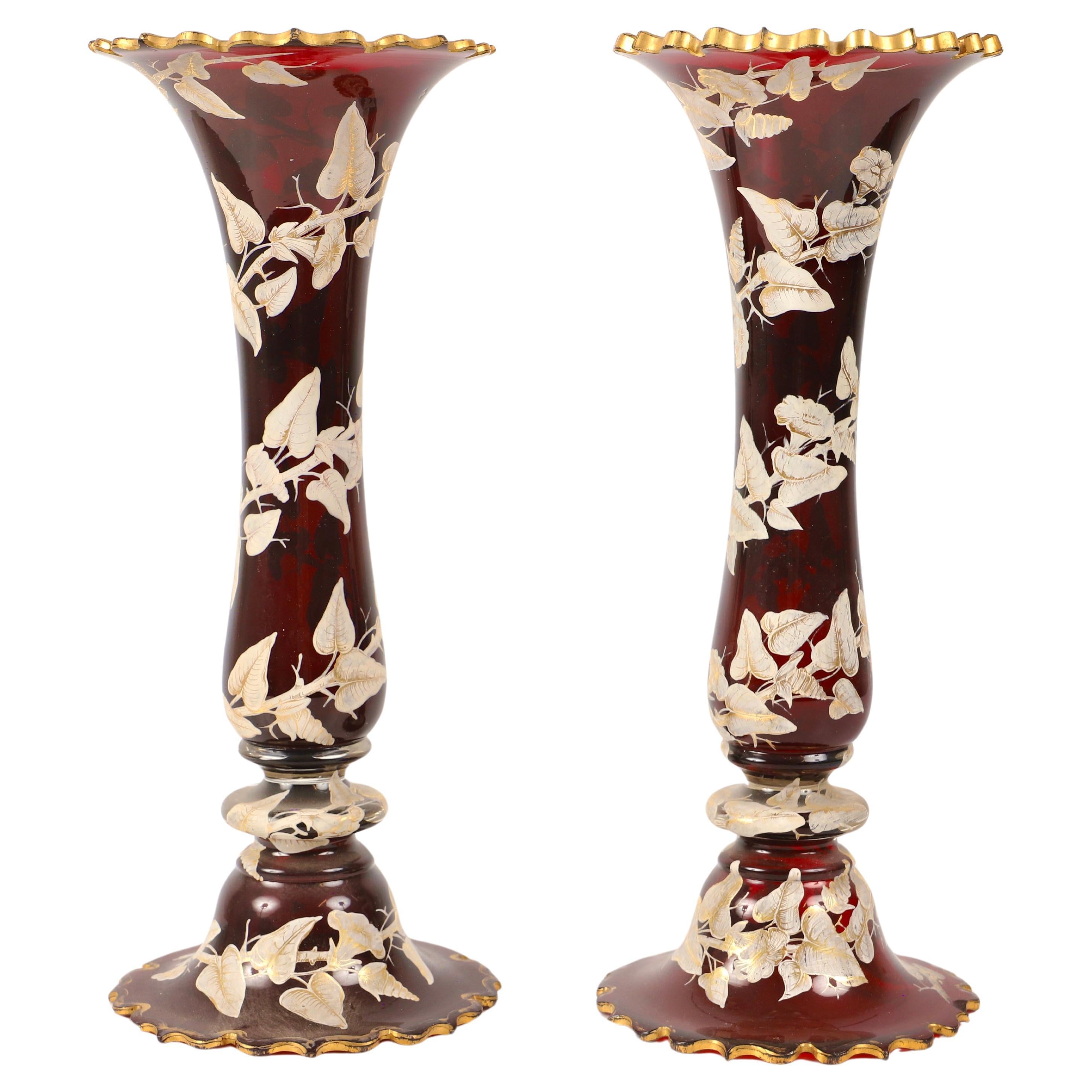 Antique Large Pair of Bohemian Enamelled Ruby Red Glass Vases, 19th Century