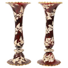 Antique Large Pair of Bohemian Enamelled Ruby Red Glass Vases, 19th Century