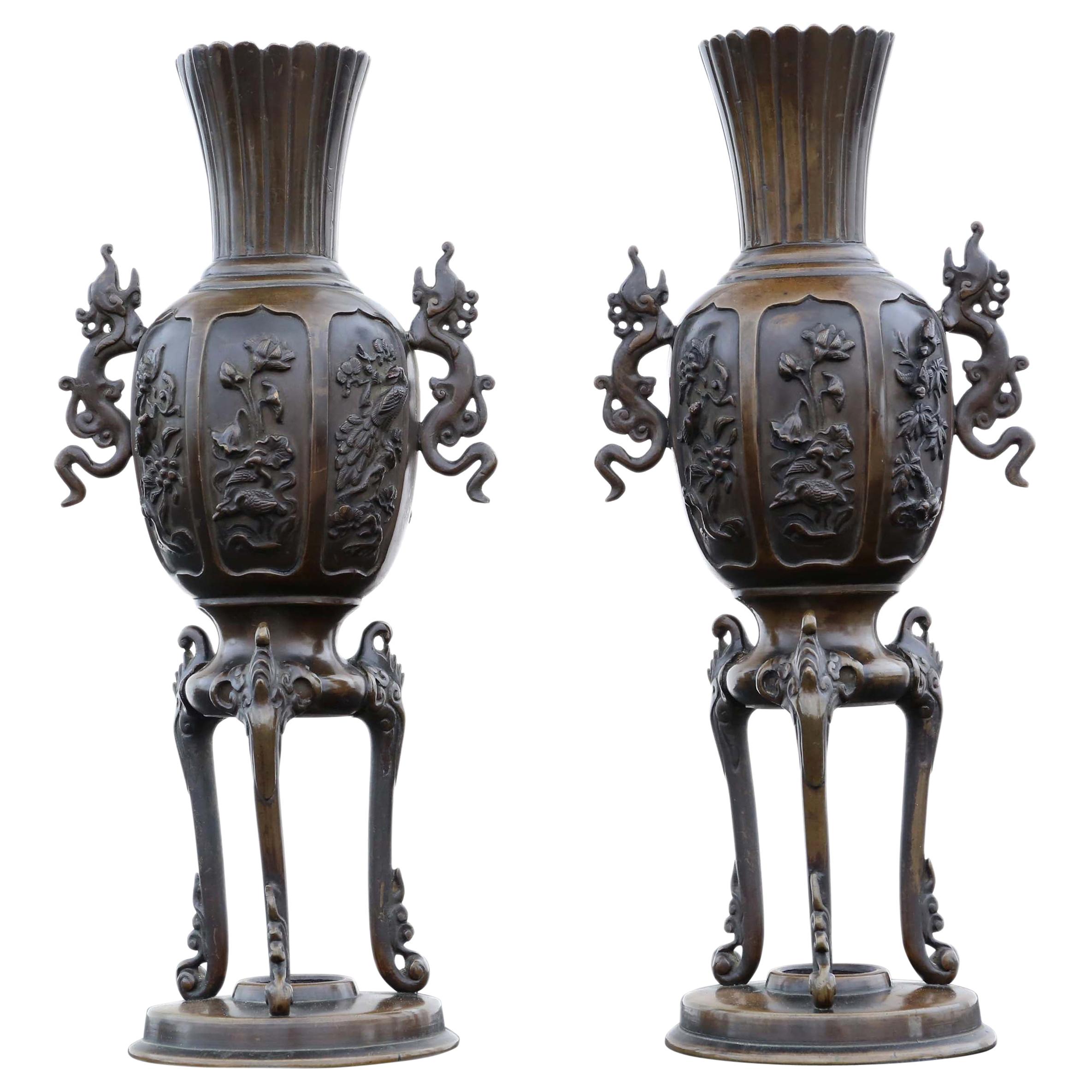 Antique Large Pair of Chinese Bronze Vases, 19th Century
