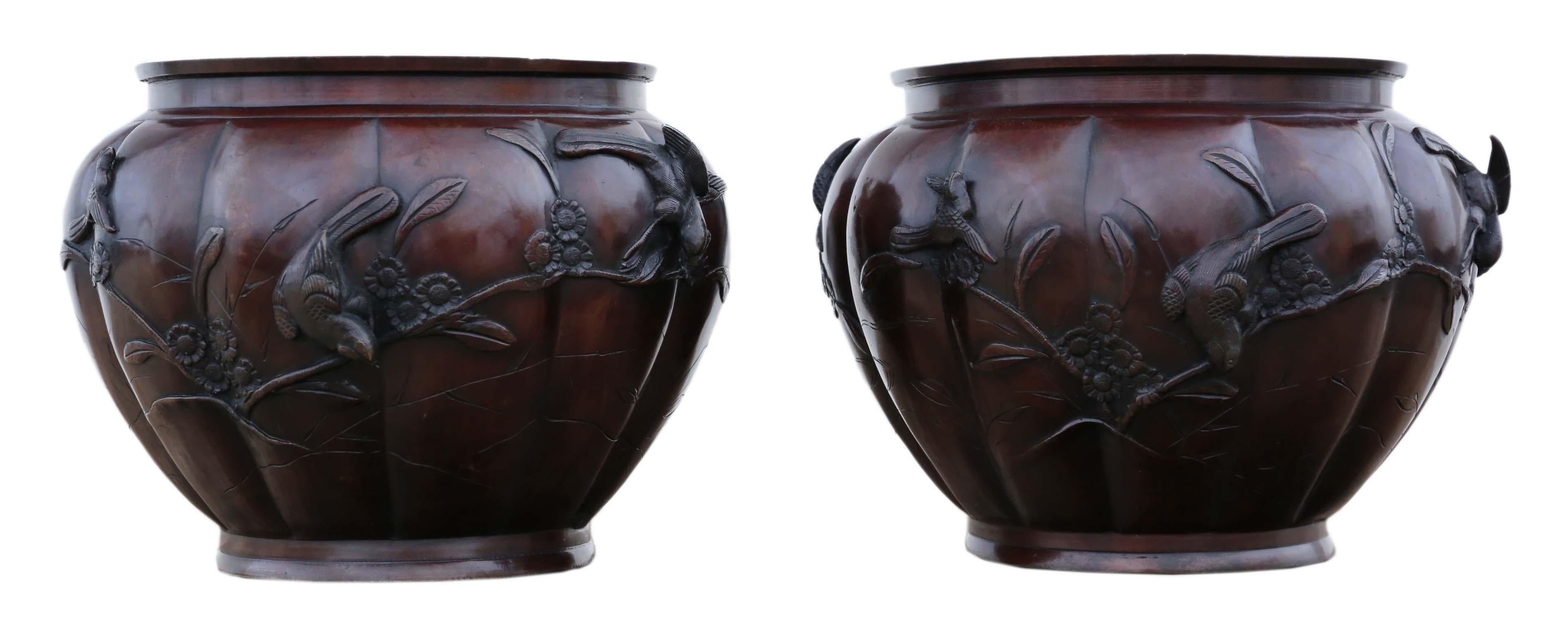 Antique large pair of Japanese bronze jardinières, planters, or bowls from the 19th century, Meiji period.

Would look amazing in the right location. Great color and patina. Very rare pair of a large size.

Overall maximum dimensions, each: 32cm