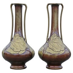 Antique Large Pair of Japanese Bronze Mixed Metal Vases Meiji