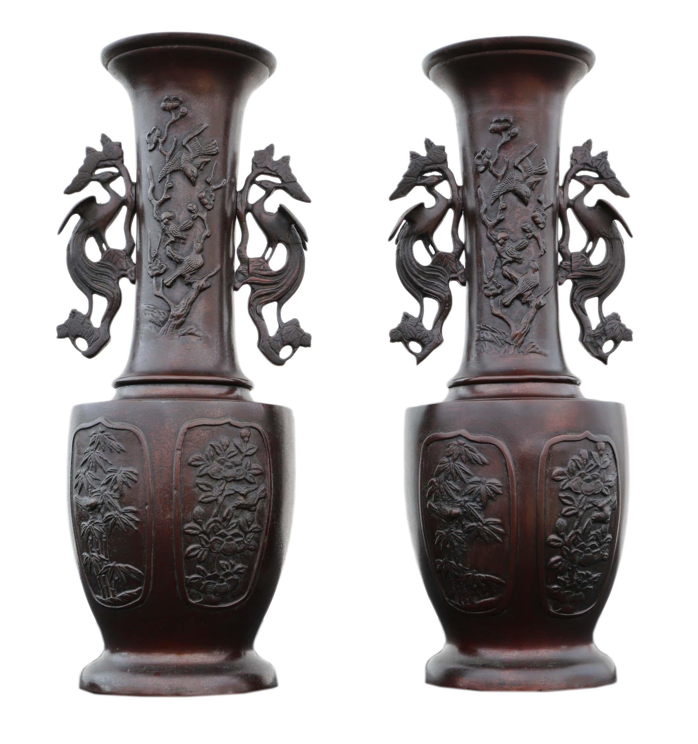 Pair of Japanese bronze vases, late 19th century Meiji period with peacock handles
Would look amazing in the right location. The very best colour and patina.
Overall maximum dimensions: ~38cm high x 15cm diameter (inner mouth 9cm diameter, inner