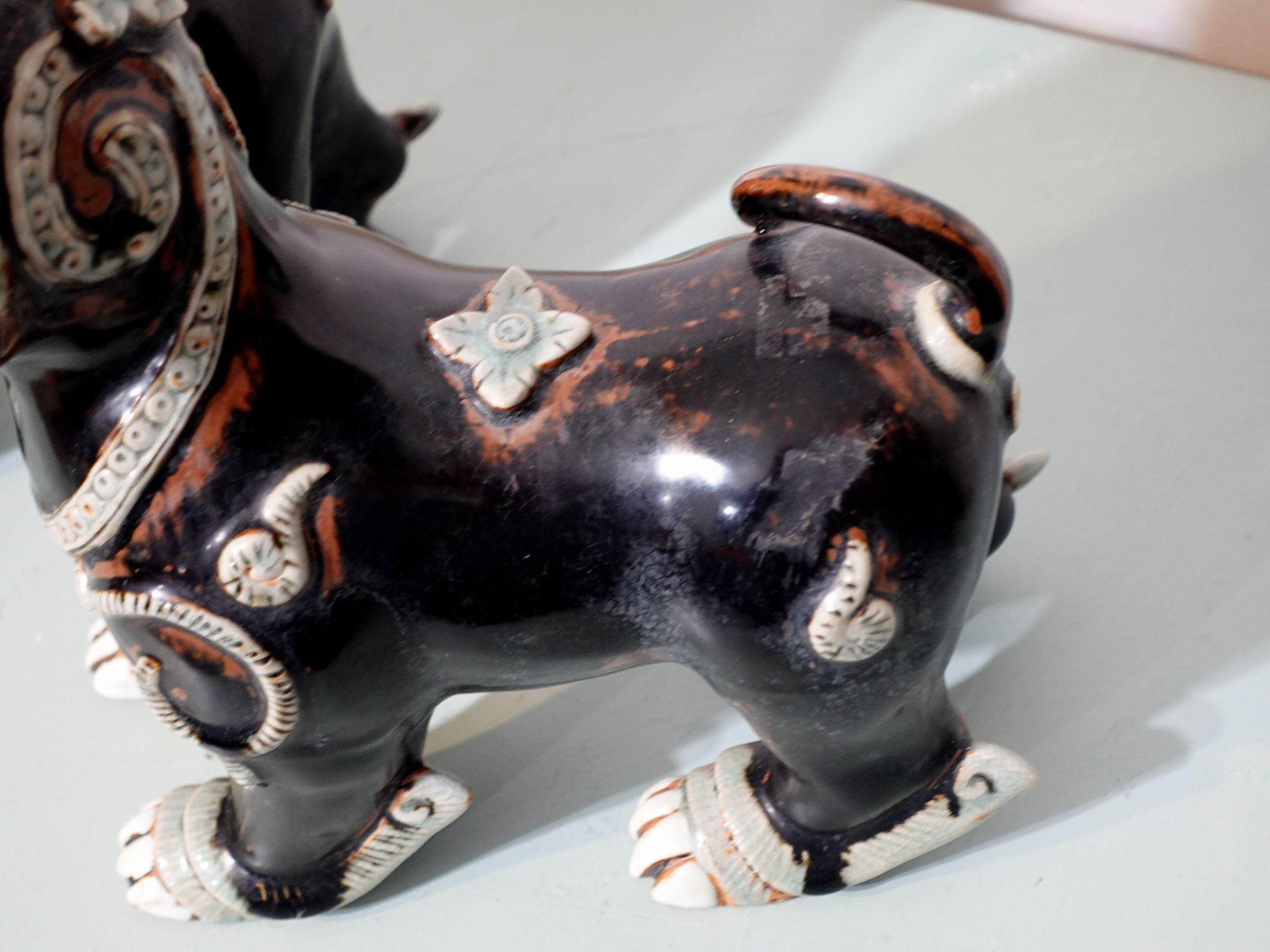 Antique Large Pair of Porcelain Noire Glaze Foo Lions/Dogs 6