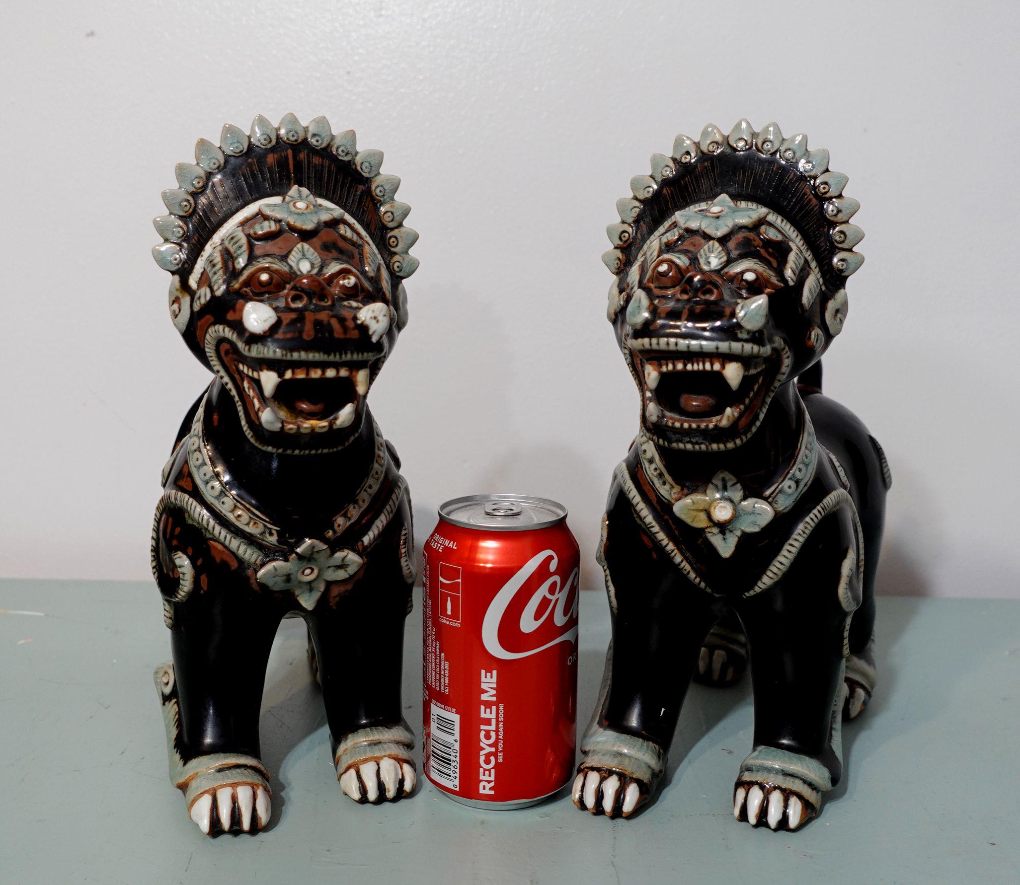 Antique Large Pair of Porcelain Noire Glaze Foo Lions/Dogs 10
