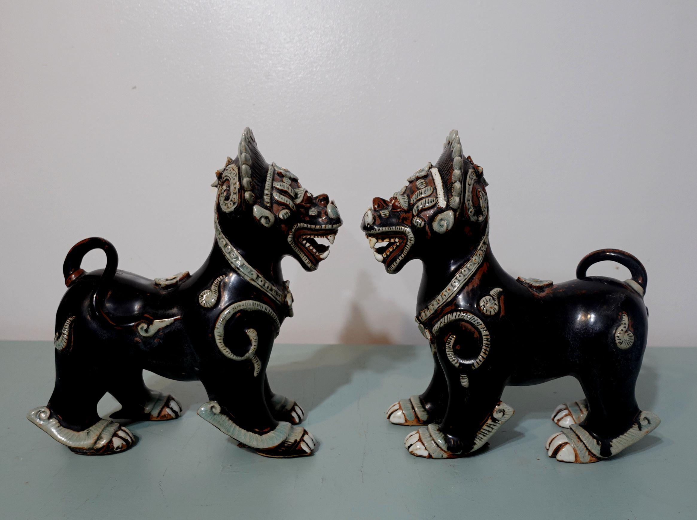 Antique Large Pair of Porcelain Noire Glaze Foo Lions/Dogs 11