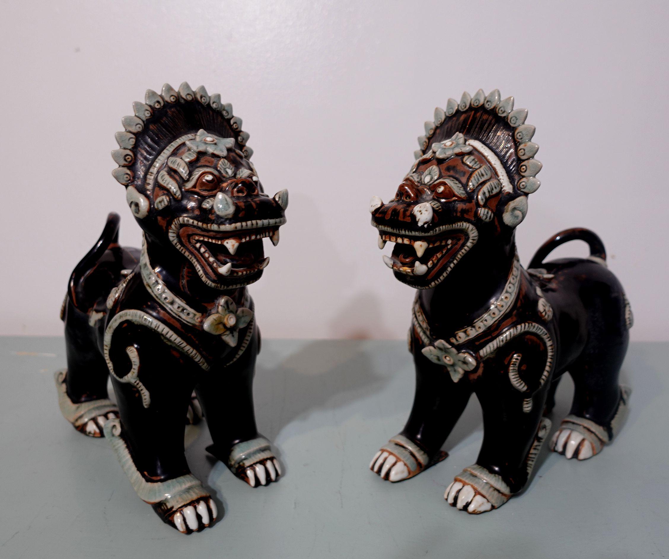 Other Antique Large Pair of Porcelain Noire Glaze Foo Lions/Dogs