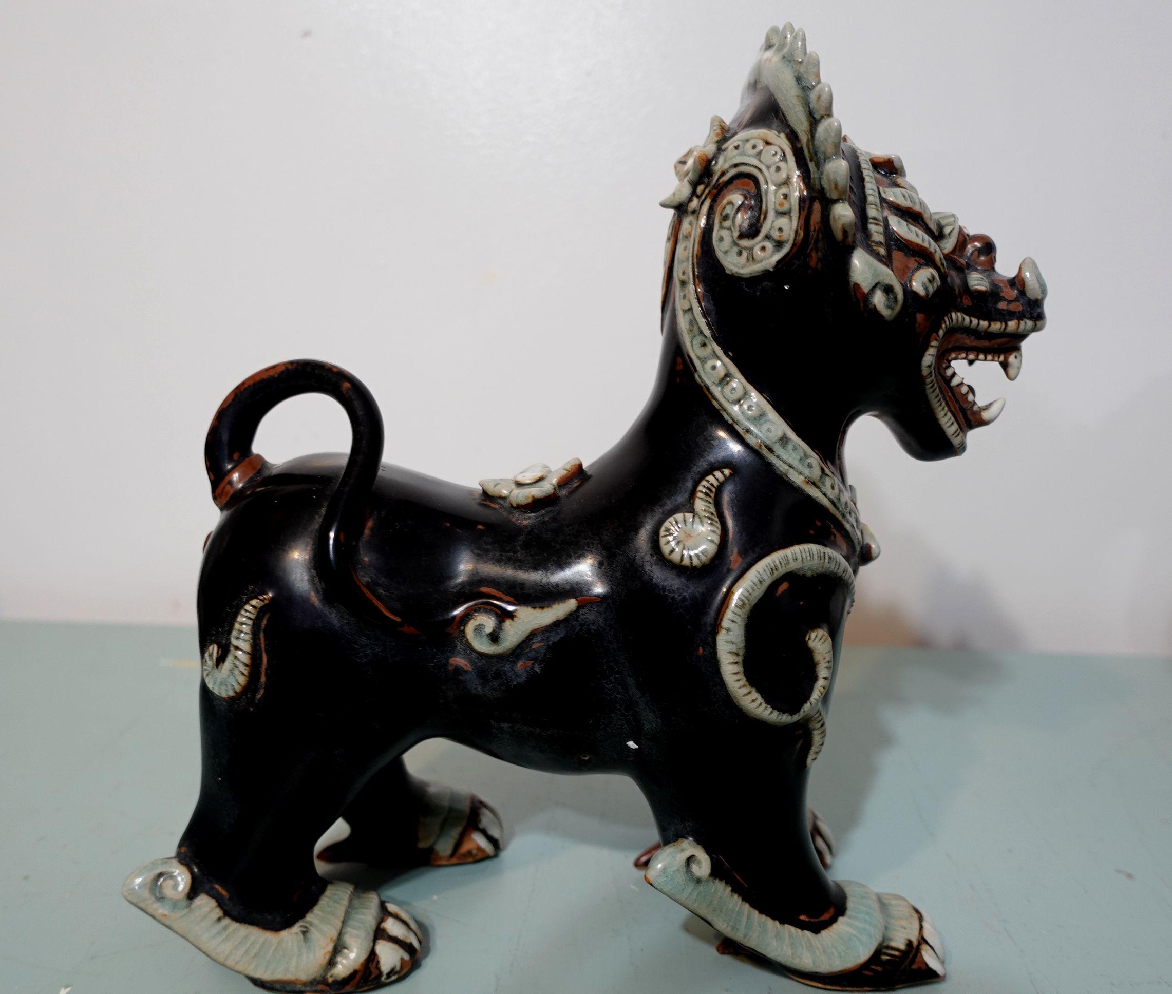 Chinese Antique Large Pair of Porcelain Noire Glaze Foo Lions/Dogs