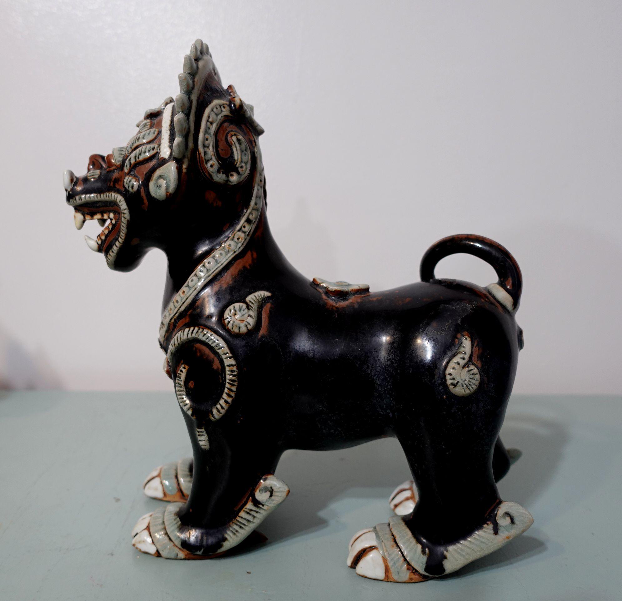 Hand-Painted Antique Large Pair of Porcelain Noire Glaze Foo Lions/Dogs