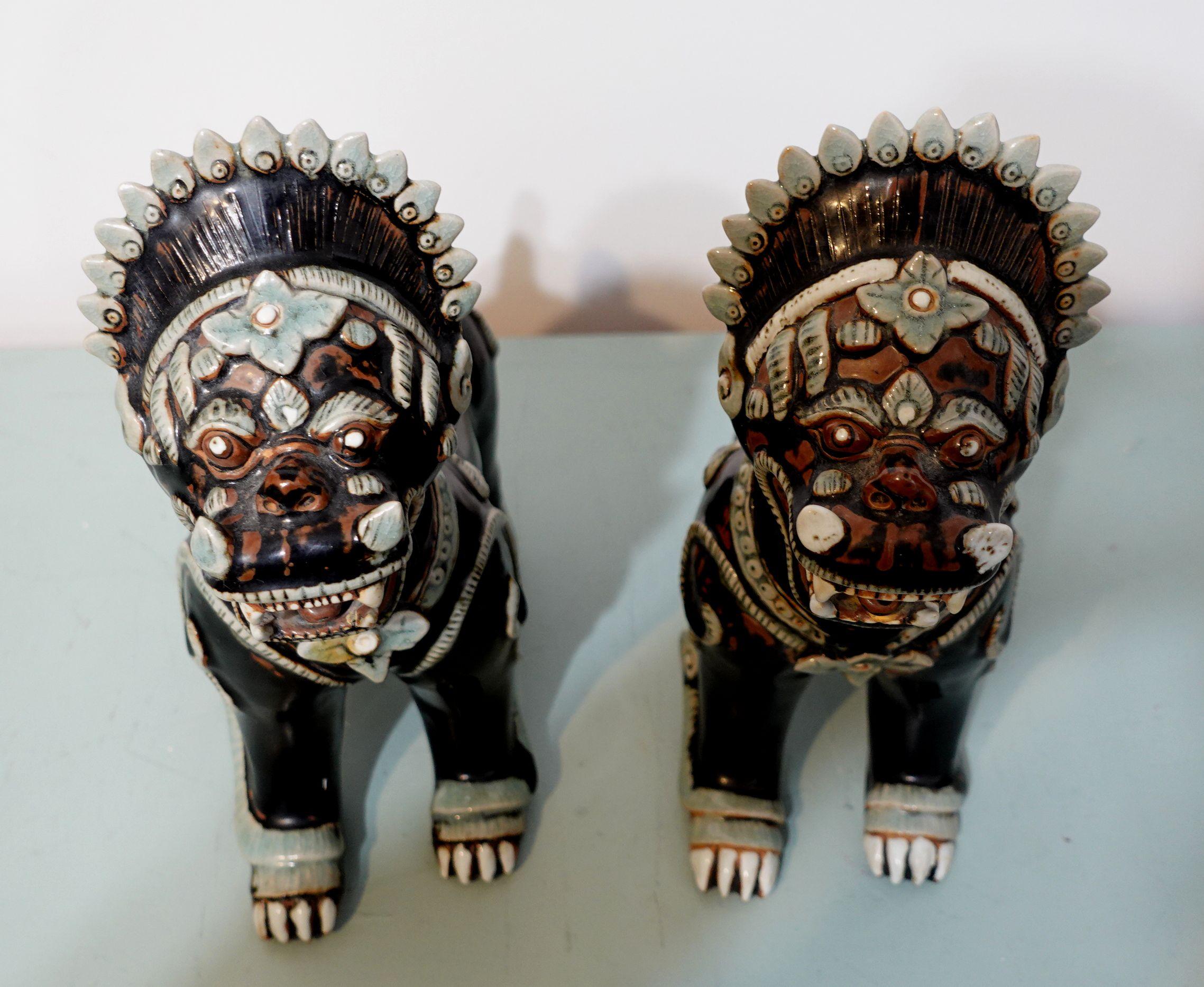 Antique Large Pair of Porcelain Noire Glaze Foo Lions/Dogs 2