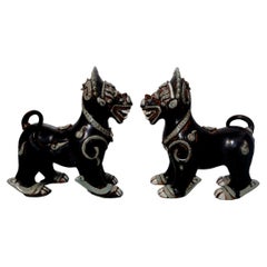 Antique Large Pair of Porcelain Noire Glaze Foo Lions/Dogs