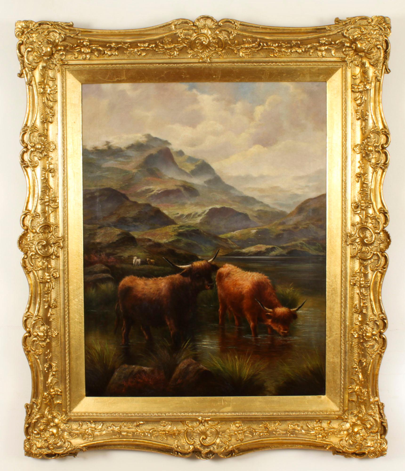Antique Large Pair Scottish Highland Cattle Oil Paintings 3ft5 x 4ft2 For Sale 6