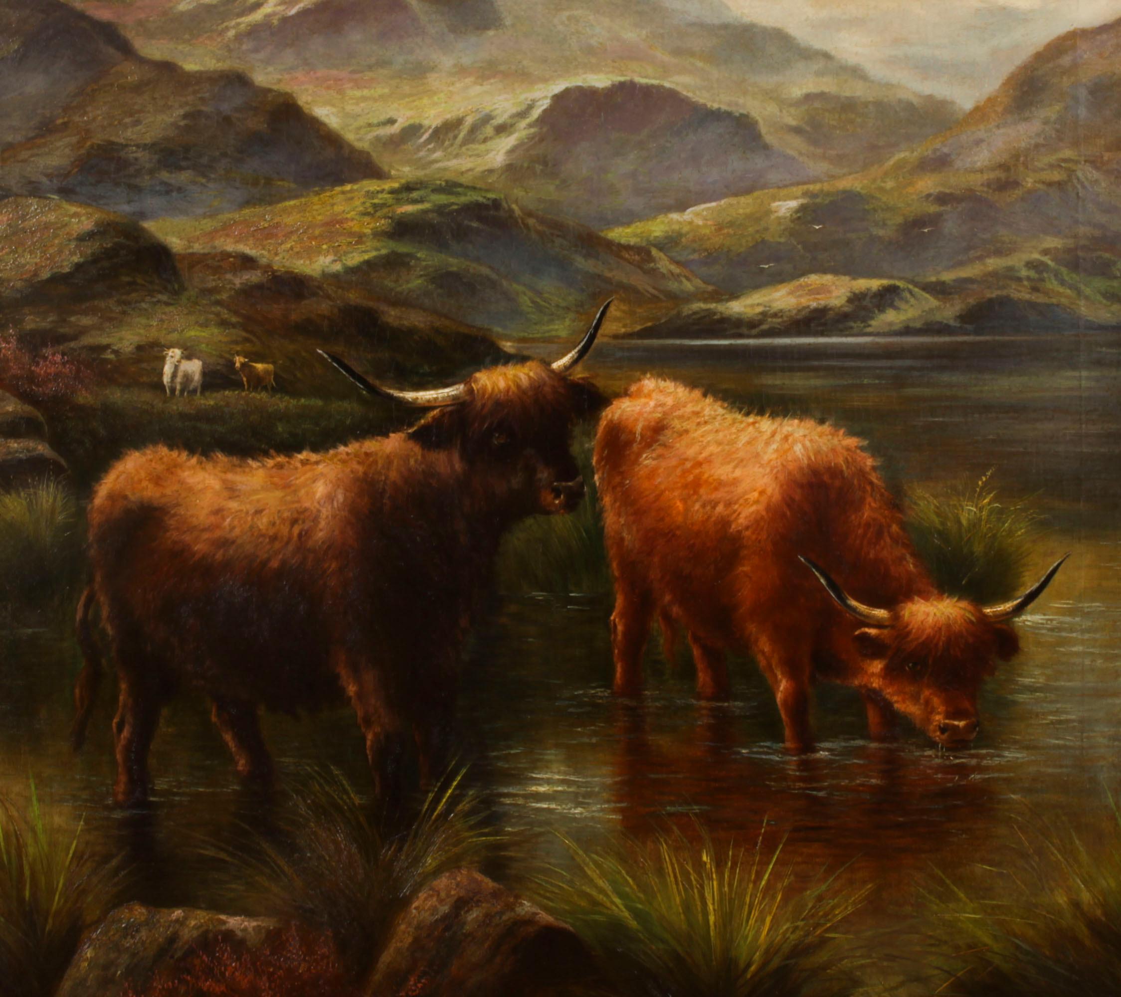 Antique Large Pair Scottish Highland Cattle Oil Paintings 3ft5 x 4ft2 7