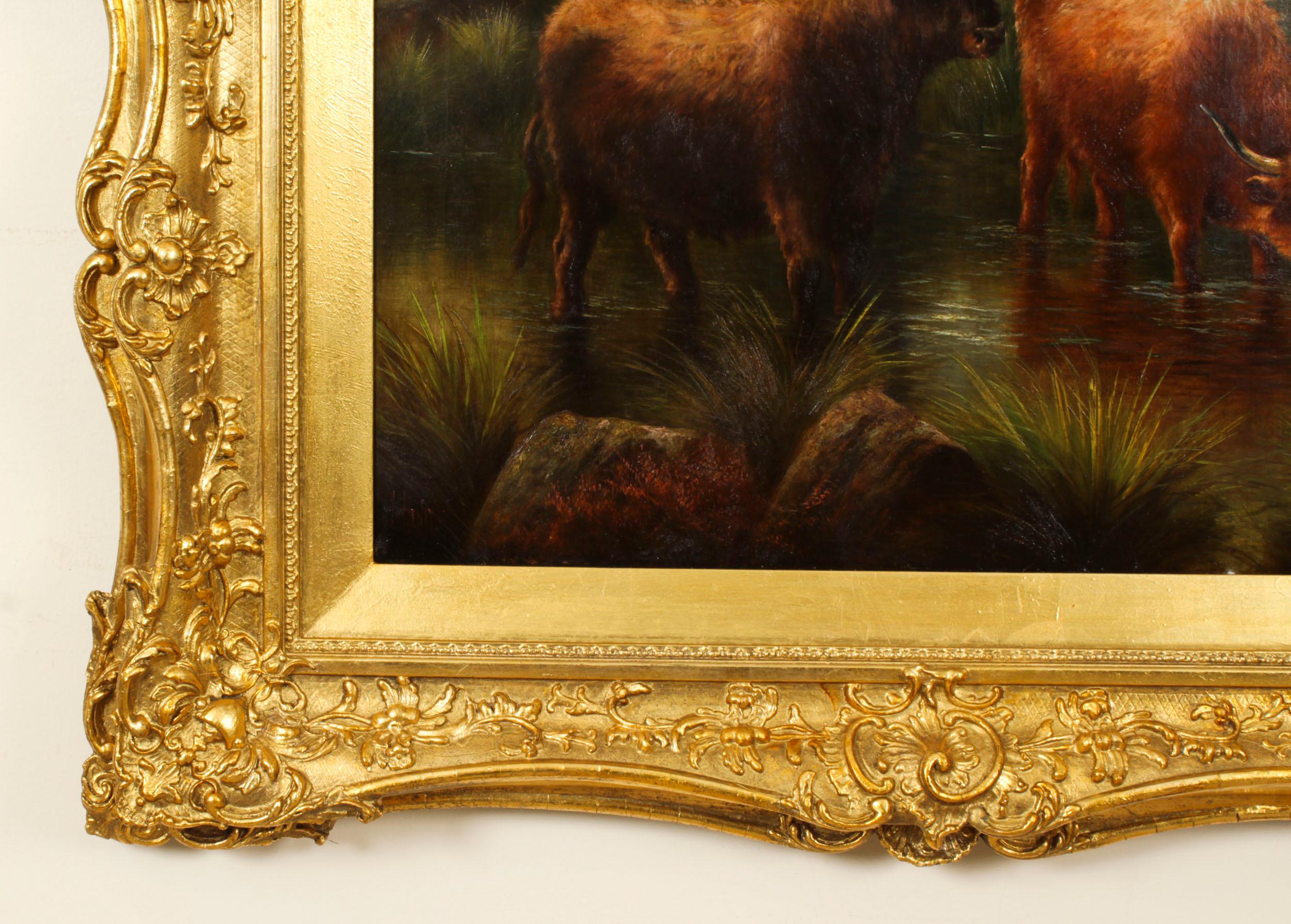 Antique Large Pair Scottish Highland Cattle Oil Paintings 3ft5 x 4ft2 For Sale 8