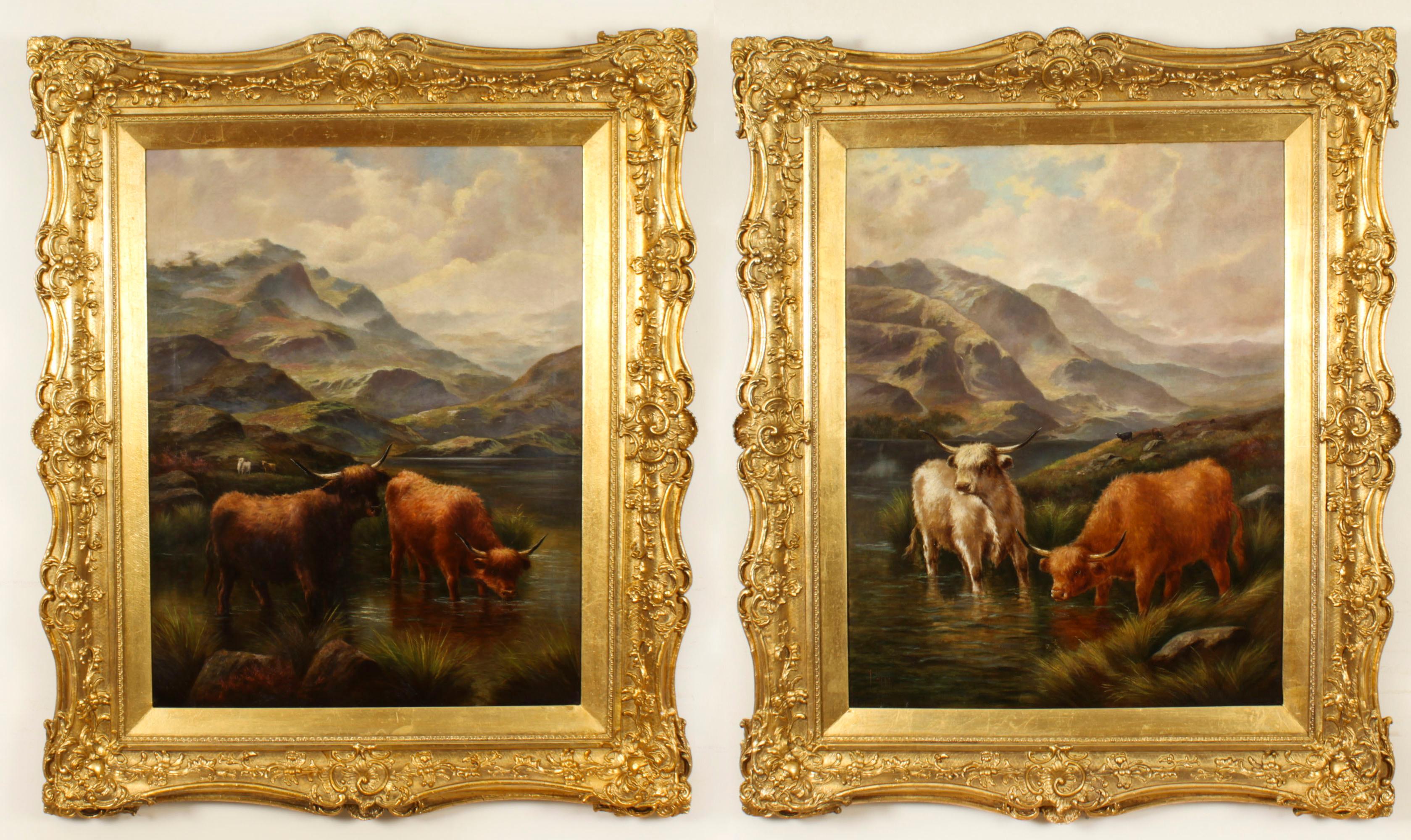 Antique Large Pair Scottish Highland Cattle Oil Paintings 3ft5 x 4ft2 For Sale 14