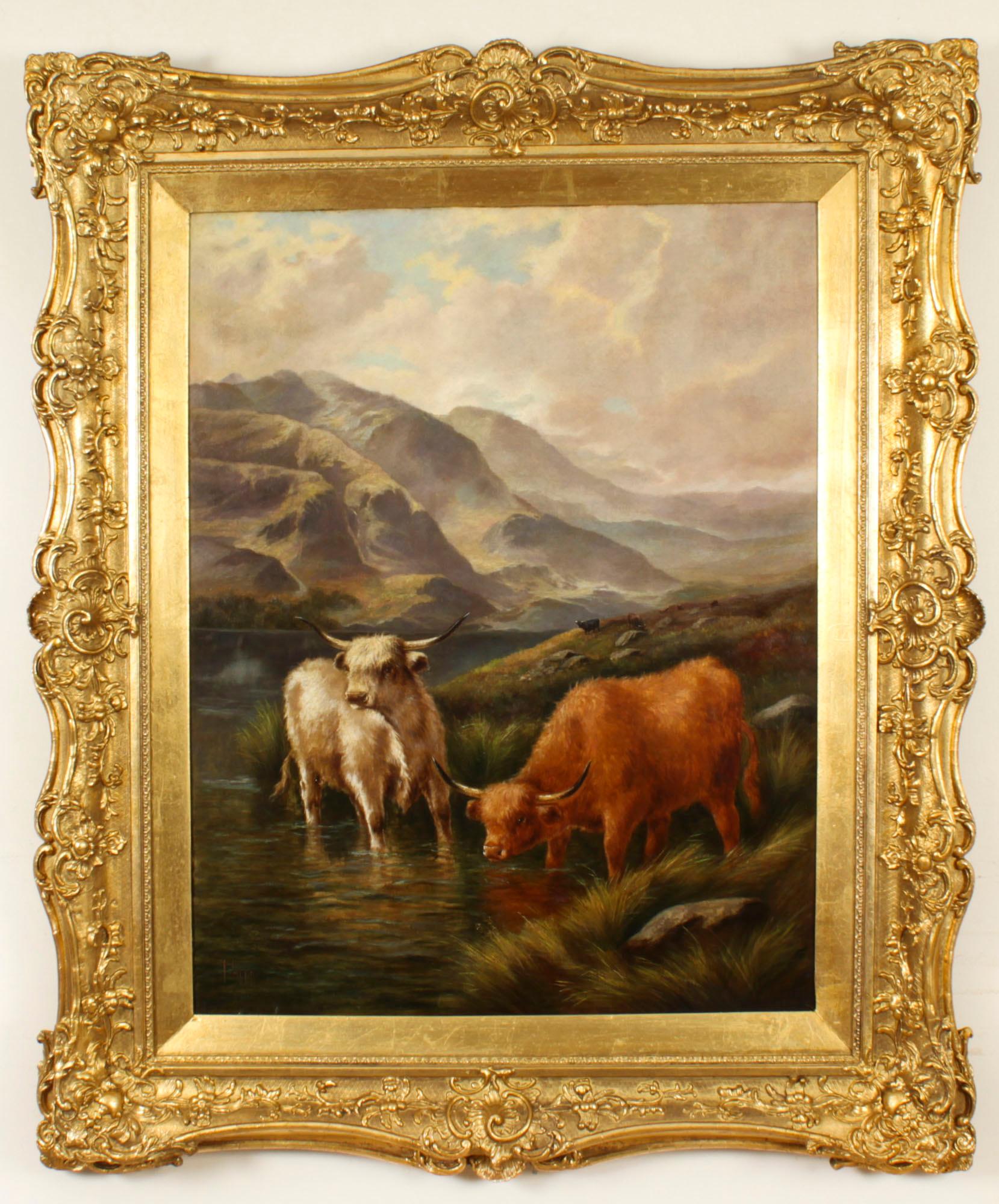 A highly atmospheric pair of paintings of Highland Cattle in a Scottish landscape watering from the banks of the loch, with dramatic mountains behind, each signed  J.Henry by the artist.

Having grazed the higher slopes, the cattle make their way to
