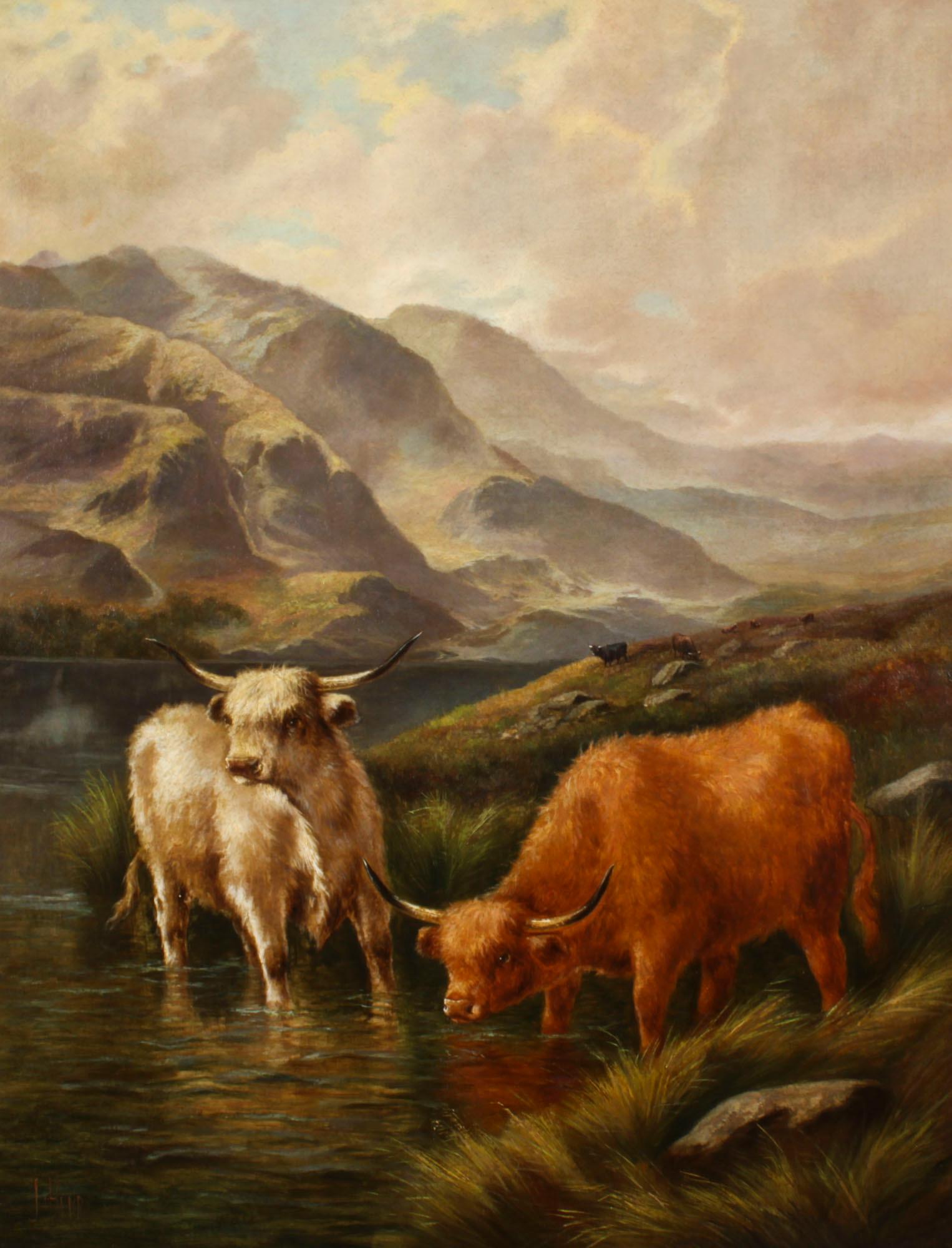 Antique Large Pair Scottish Highland Cattle Oil Paintings 3ft5 x 4ft2 In Good Condition For Sale In London, GB