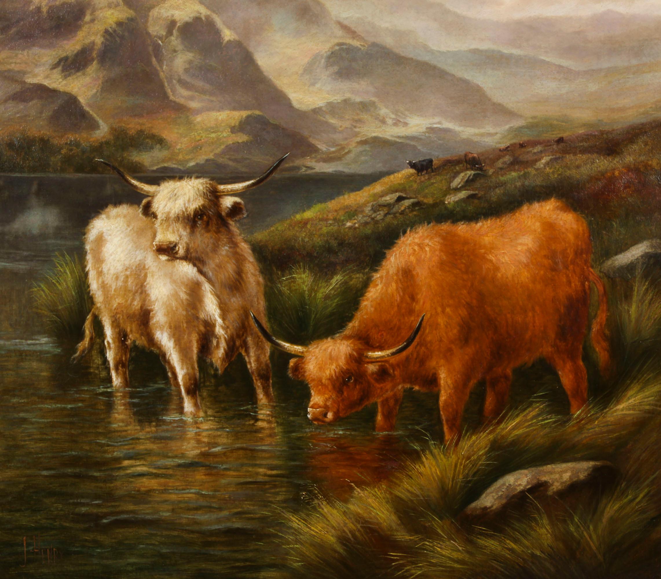 19th Century Antique Large Pair Scottish Highland Cattle Oil Paintings 3ft5 x 4ft2 For Sale