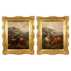 Used Large Pair Scottish Highland Cattle Oil Paintings 3ft5 x 4ft2