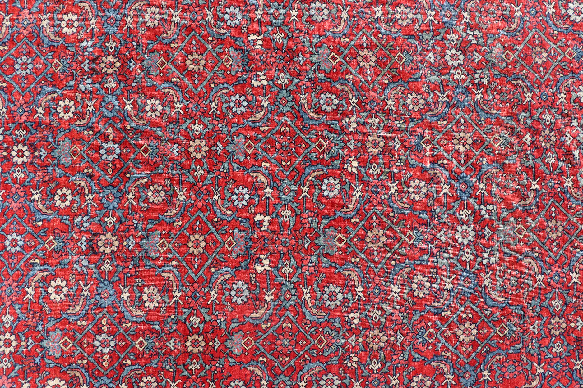 Antique Large Persian Bidjar Rug with All-Over Design in Red and Blue For Sale 3