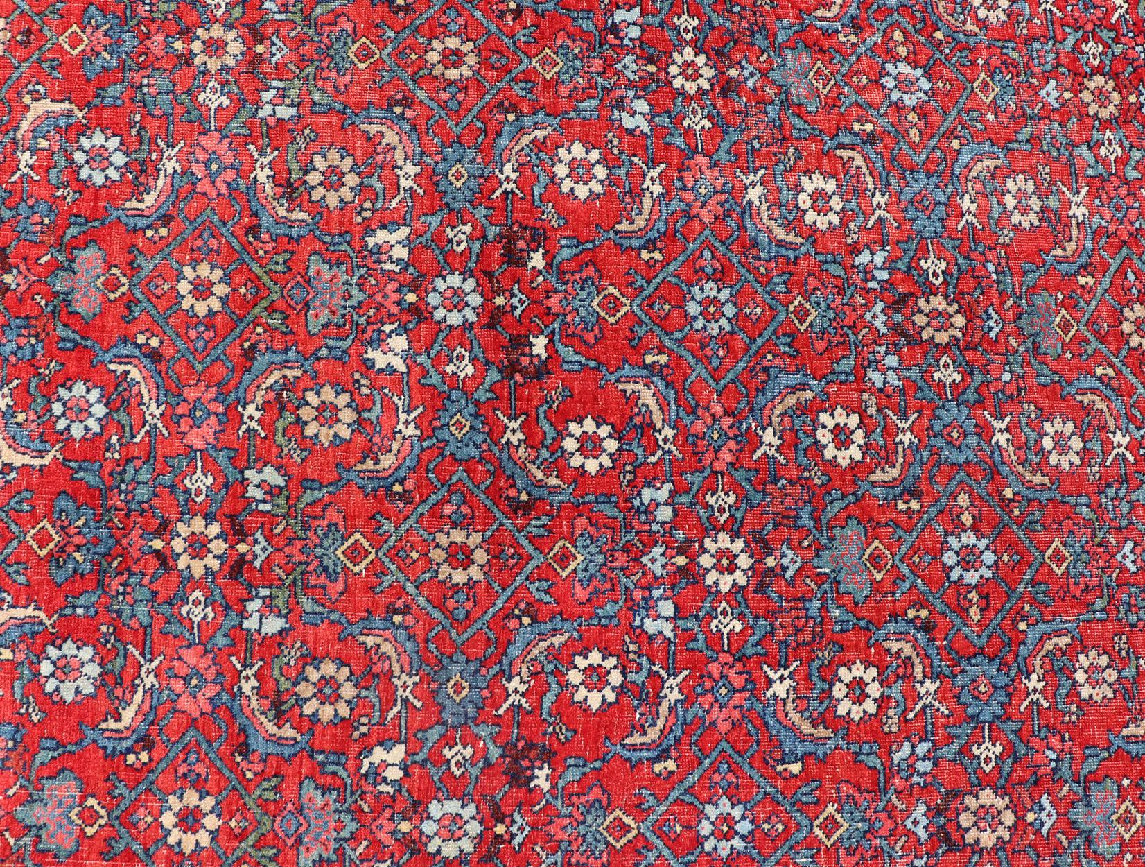 Antique Large Persian Bidjar Rug with All-Over Design in Red and Blue For Sale 4