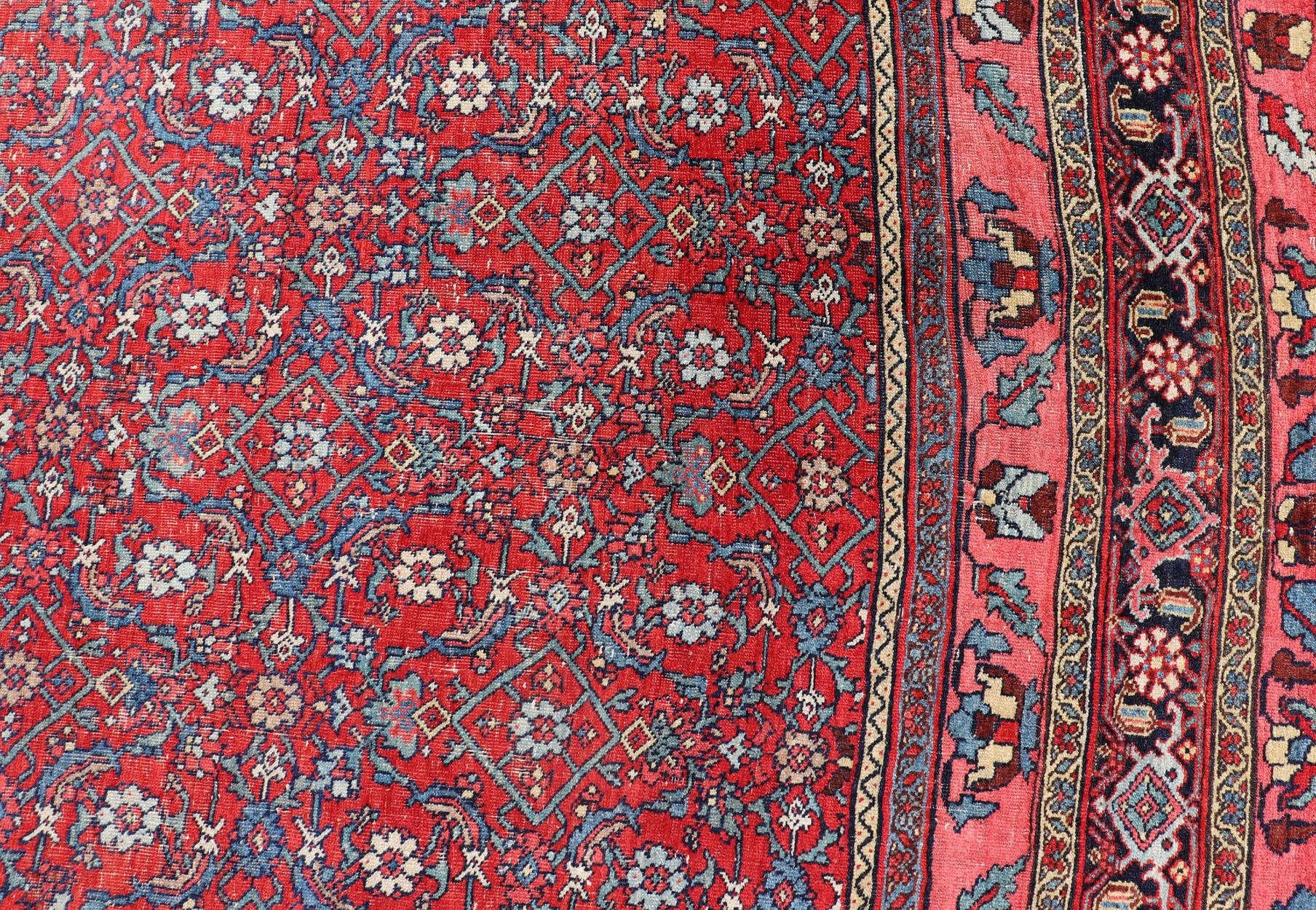 Antique Large Persian Bidjar Rug with All-Over Design in Red and Blue For Sale 5
