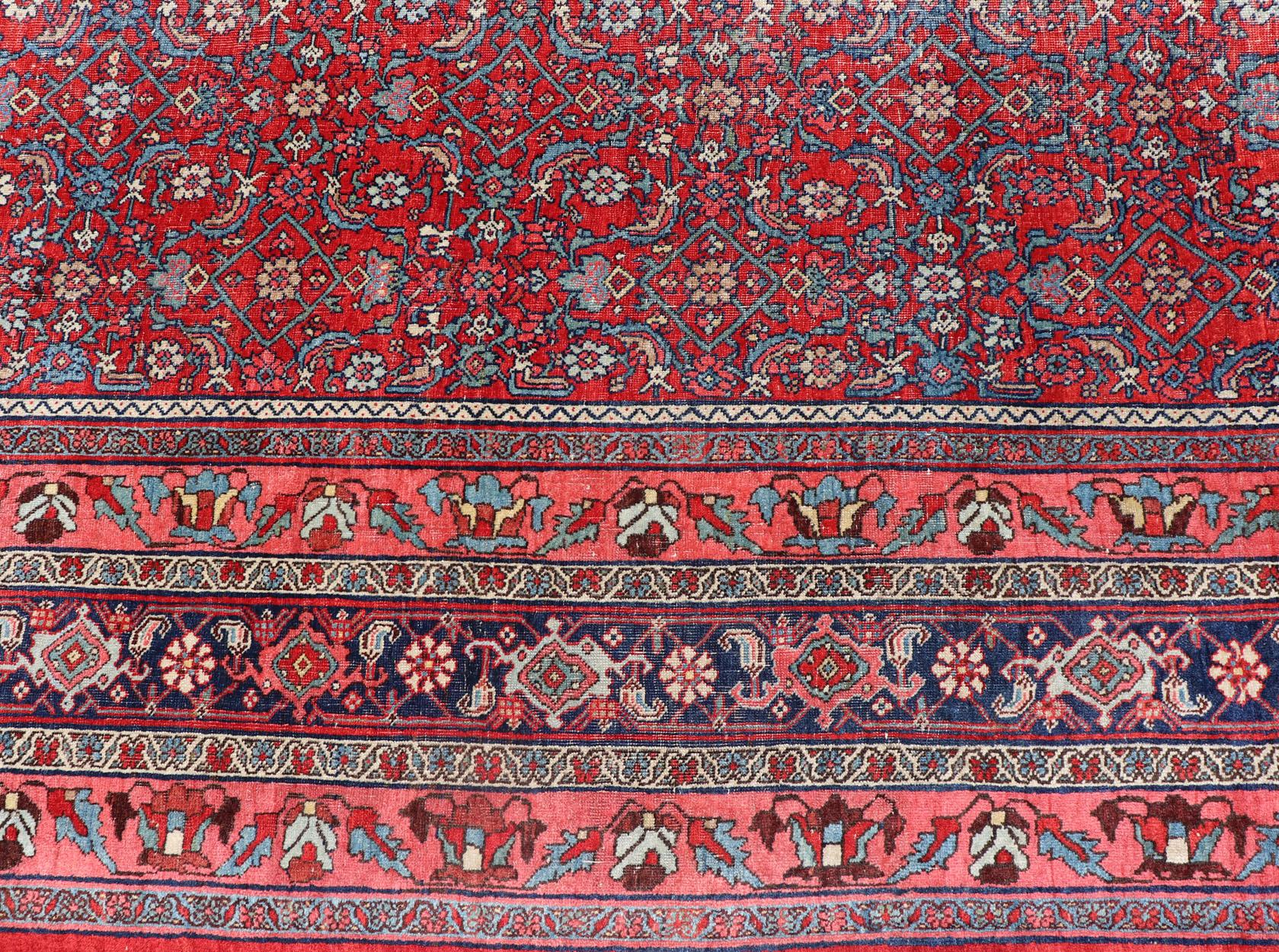 Antique Large Persian Bidjar Rug with All-Over Design in Red and Blue For Sale 6