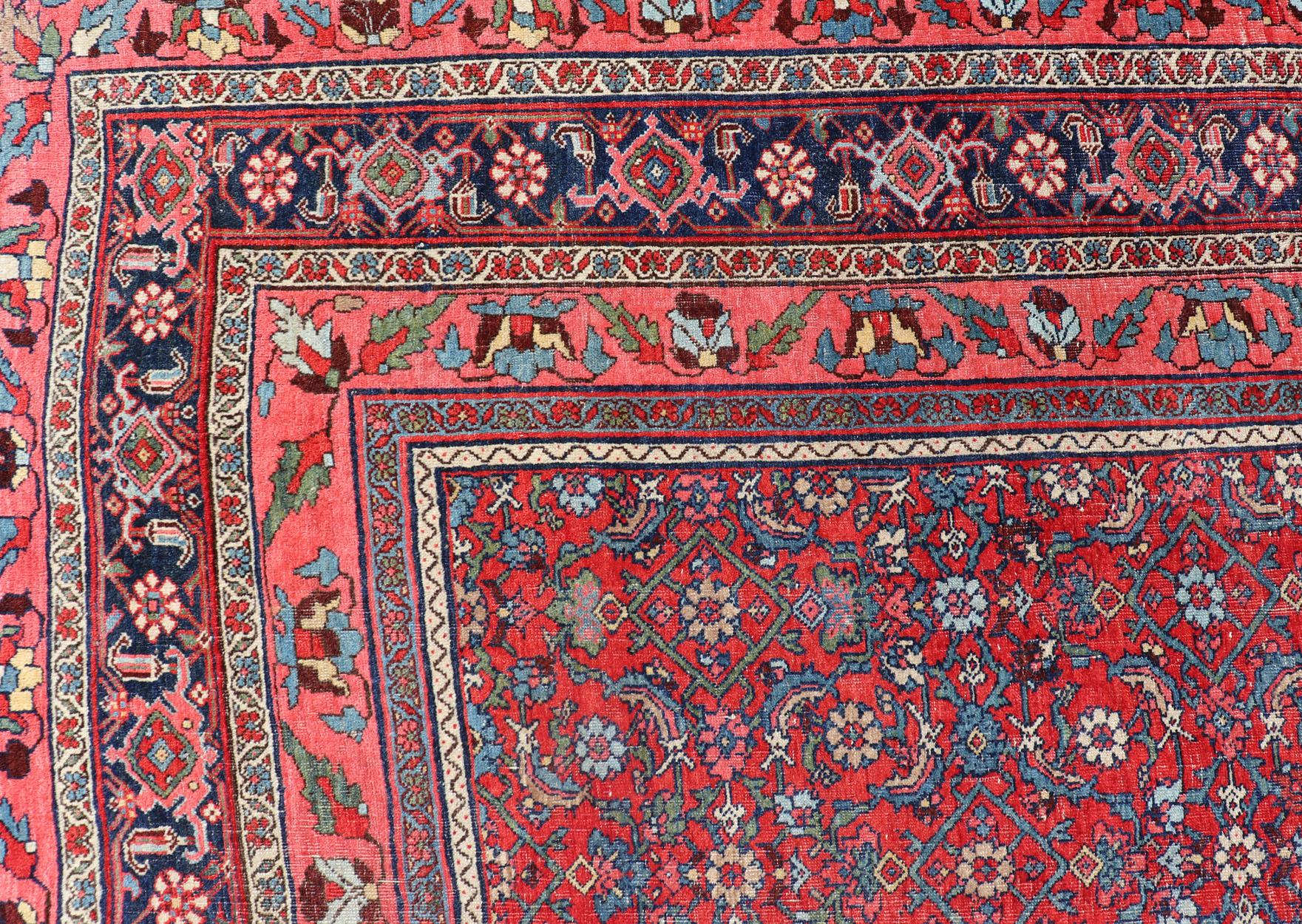 Antique Large Persian Bidjar Rug with All-Over Design in Red and Blue For Sale 7