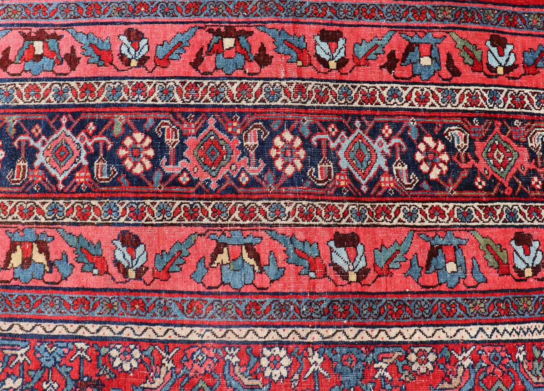 Antique Large Persian Bidjar Rug with All-Over Design in Red and Blue For Sale 8