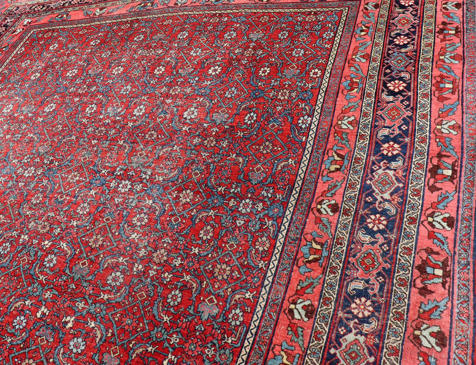 Antique Large Persian Bidjar Rug with All-Over Design in Red and Blue For Sale 9