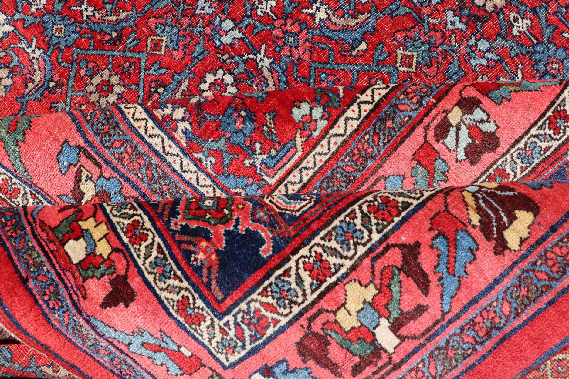 Antique Large Persian Bidjar Rug with All-Over Design in Red and Blue For Sale 10