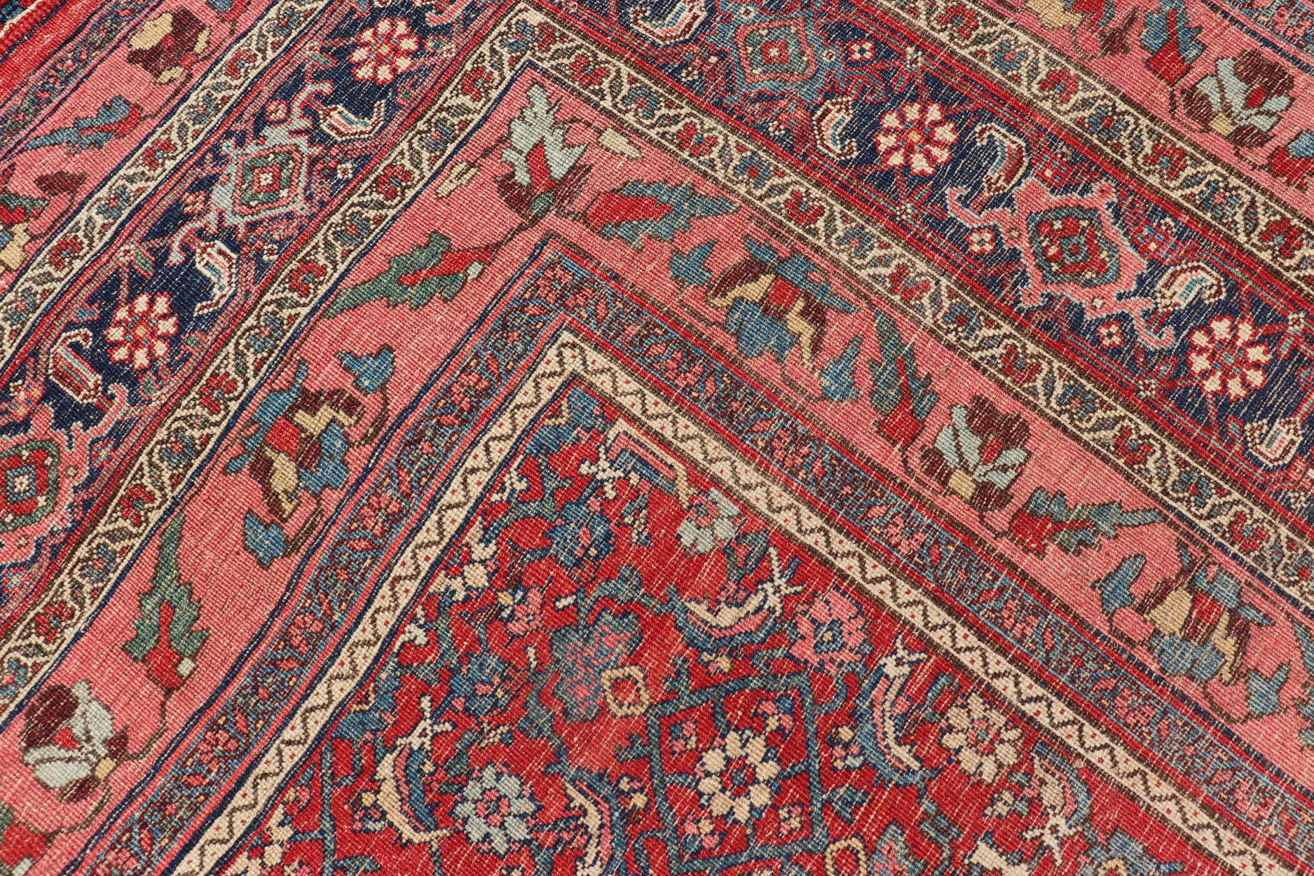 Antique Large Persian Bidjar Rug with All-Over Design in Red and Blue For Sale 11