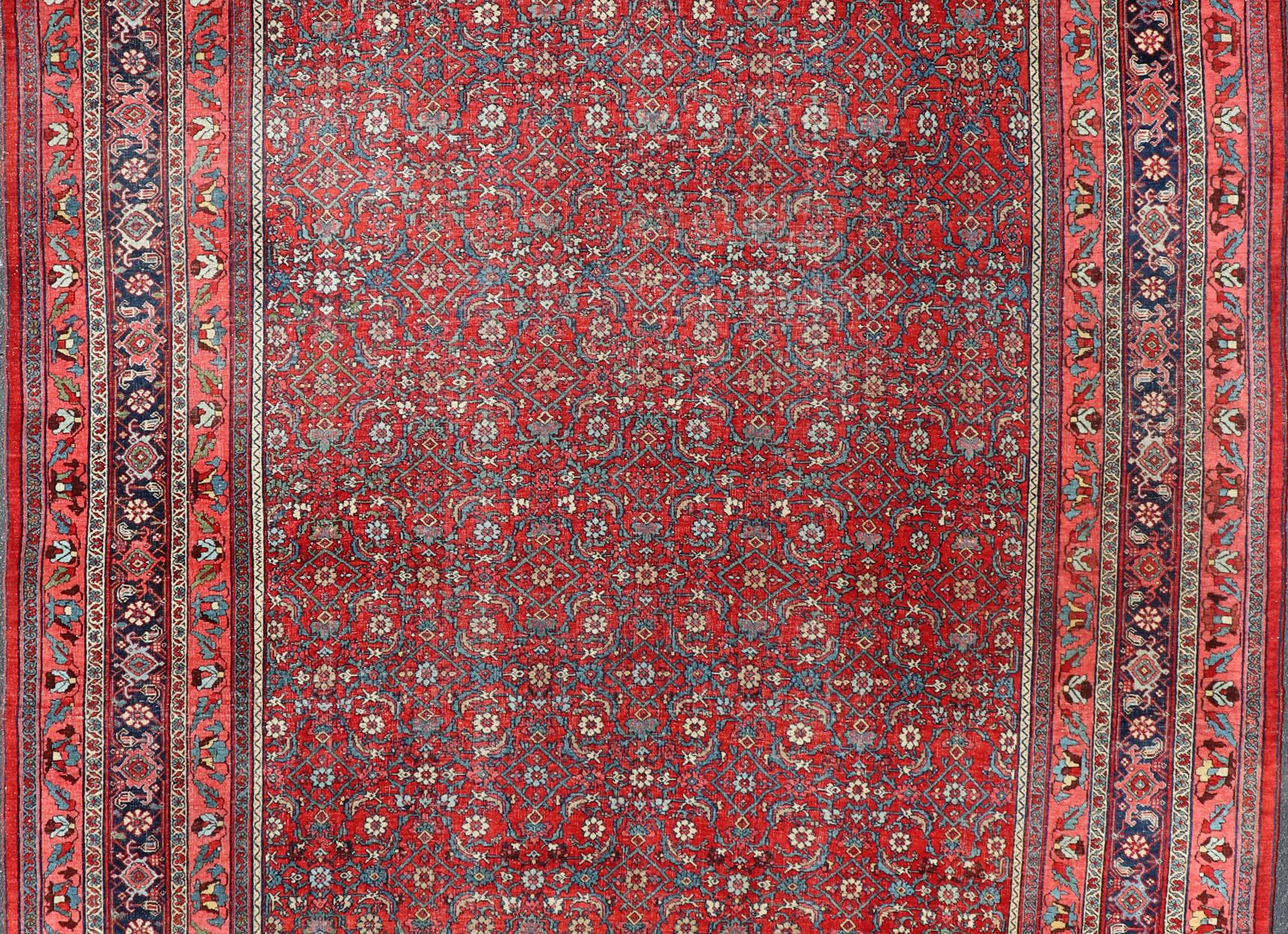 Tabriz Antique Large Persian Bidjar Rug with All-Over Design in Red and Blue For Sale