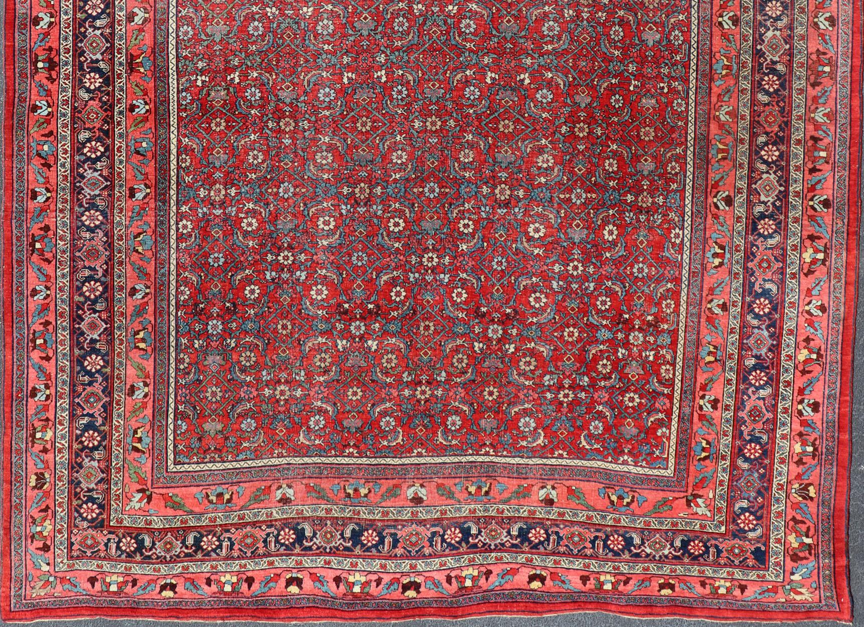 Hand-Knotted Antique Large Persian Bidjar Rug with All-Over Design in Red and Blue For Sale