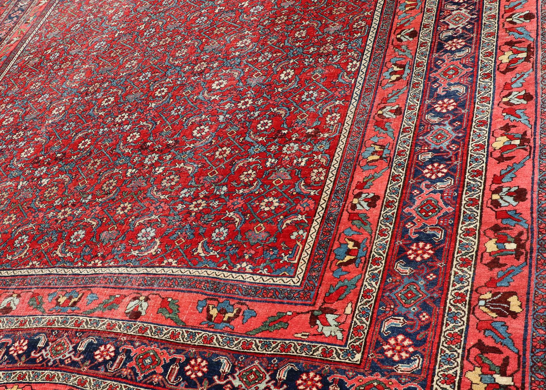 Antique Large Persian Bidjar Rug with All-Over Design in Red and Blue In Good Condition For Sale In Atlanta, GA