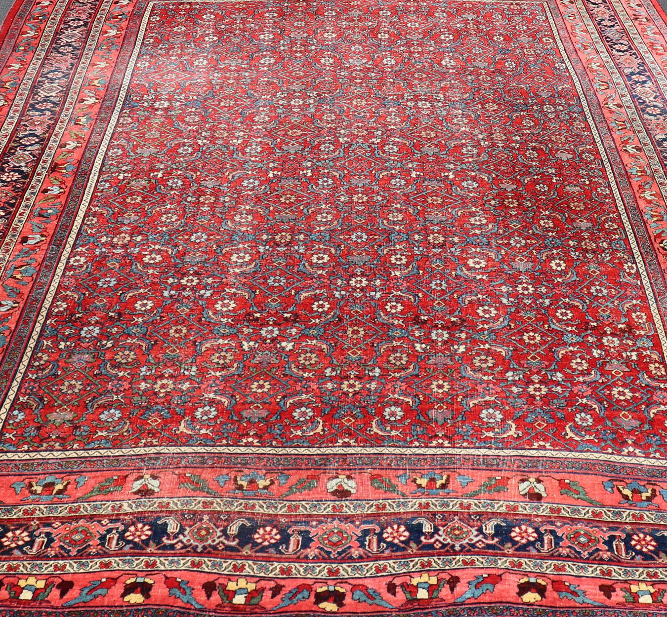 20th Century Antique Large Persian Bidjar Rug with All-Over Design in Red and Blue For Sale