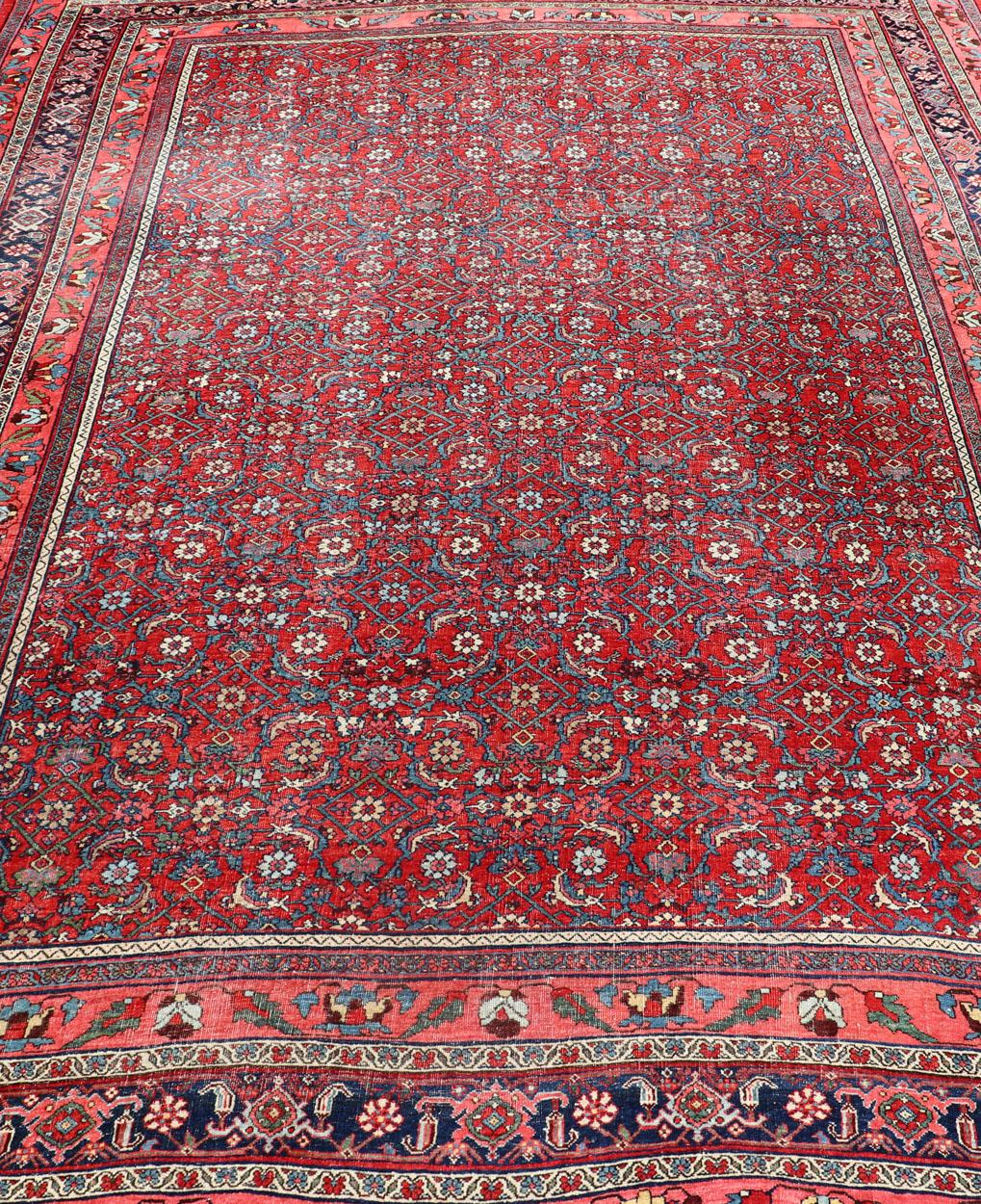 Wool Antique Large Persian Bidjar Rug with All-Over Design in Red and Blue For Sale