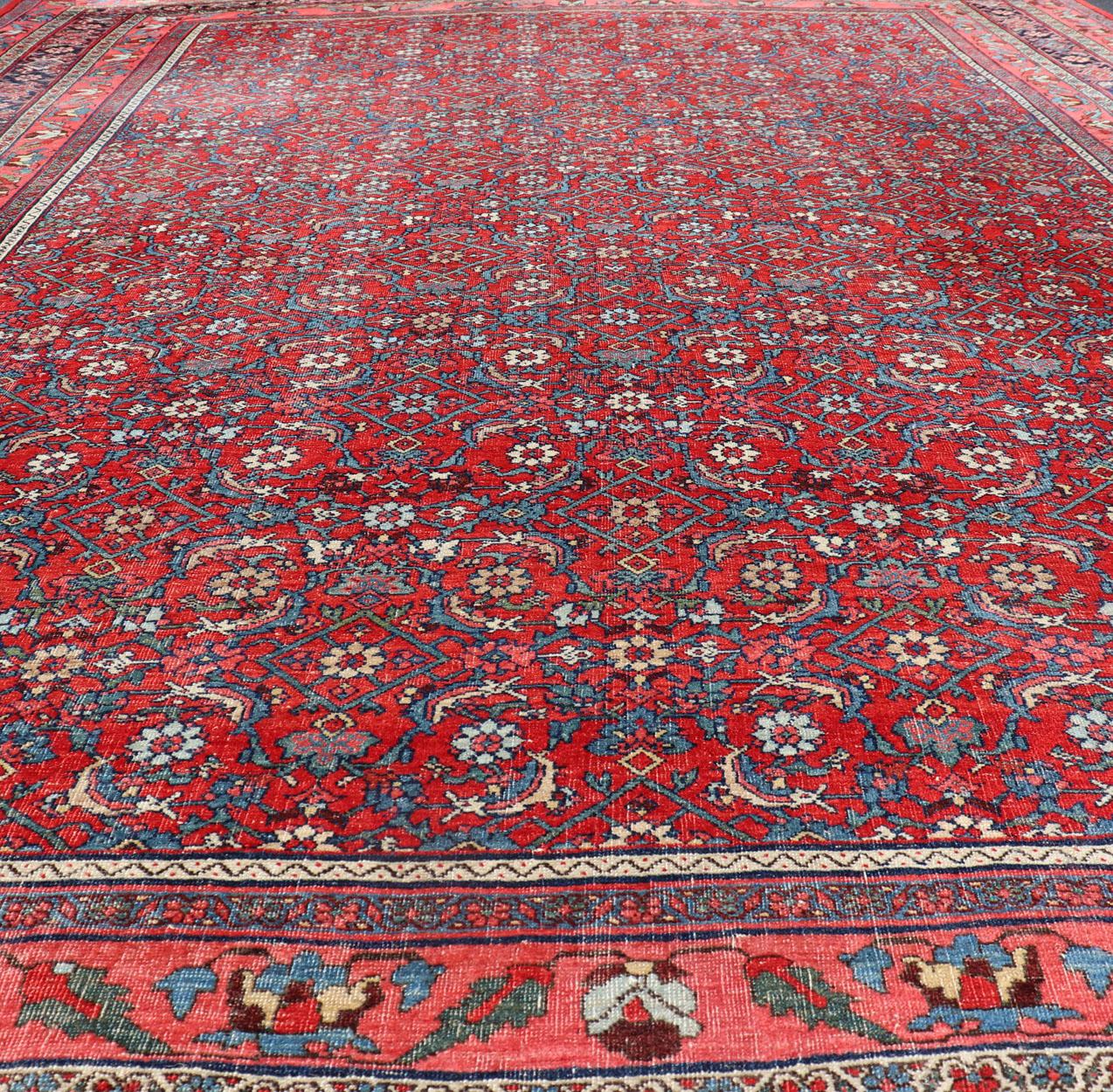 Antique Large Persian Bidjar Rug with All-Over Design in Red and Blue For Sale 1