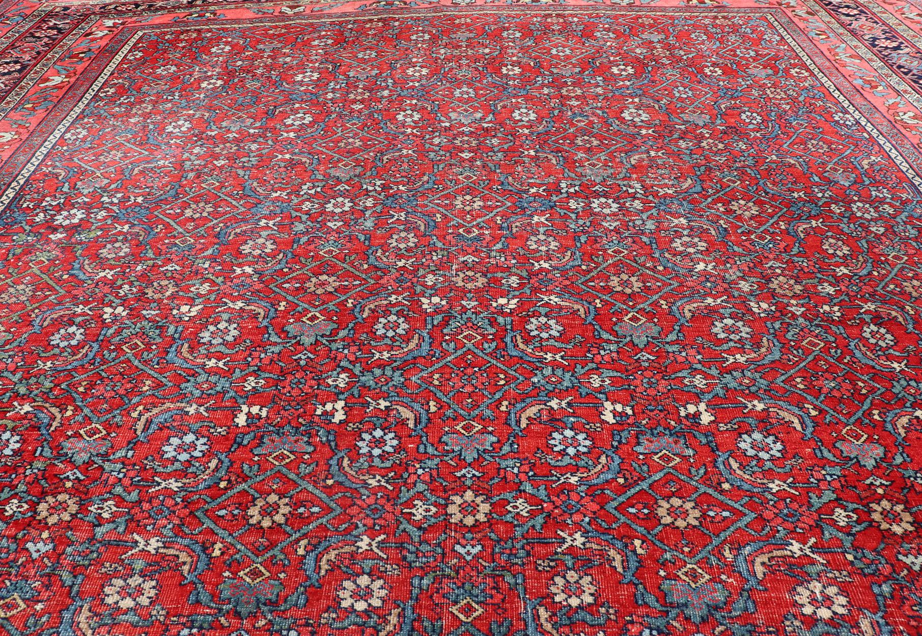 Antique Large Persian Bidjar Rug with All-Over Design in Red and Blue For Sale 2