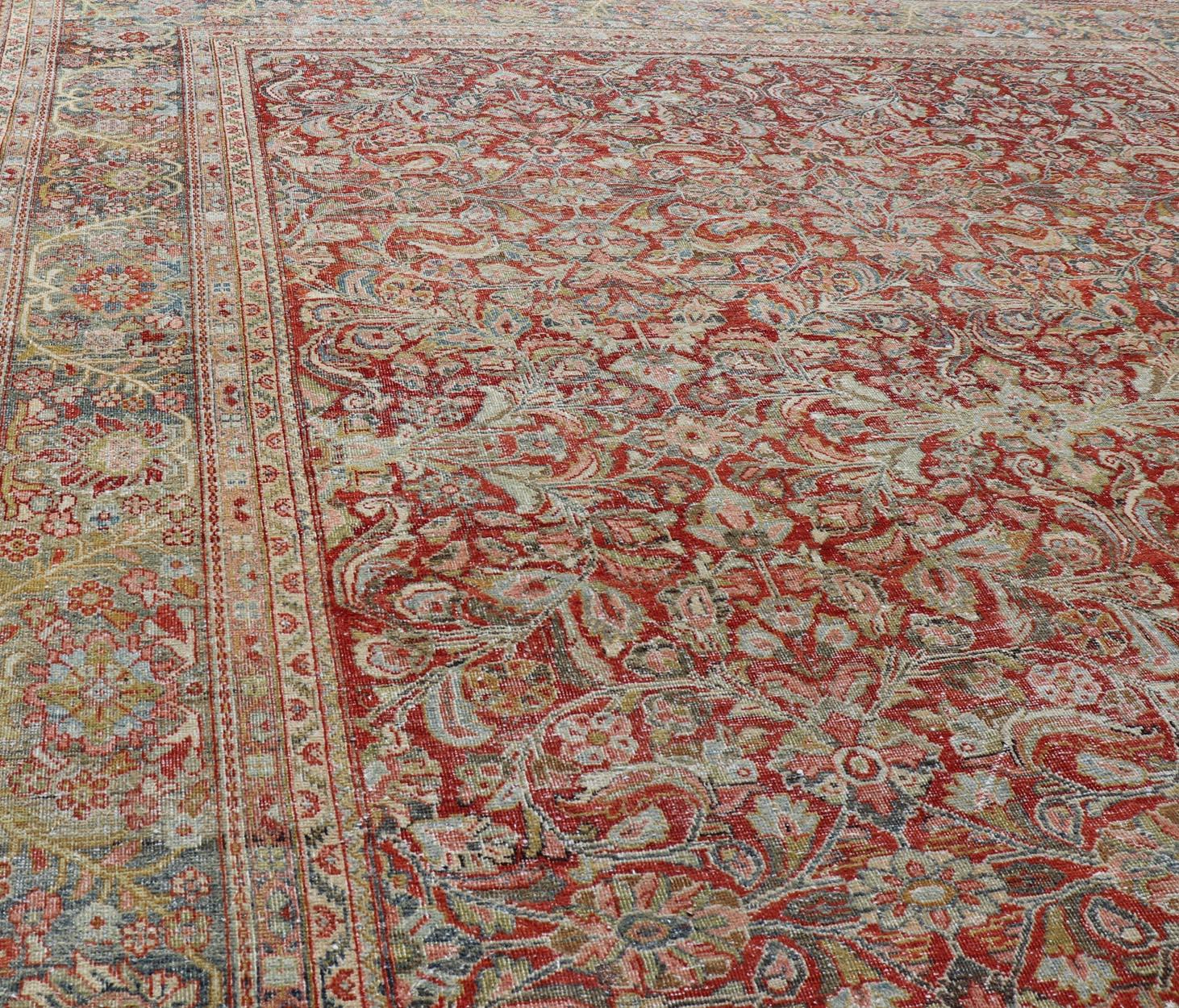 Antique Large Persian Colorful Sultanabad Mahal Rug with All Over Floral Design For Sale 6