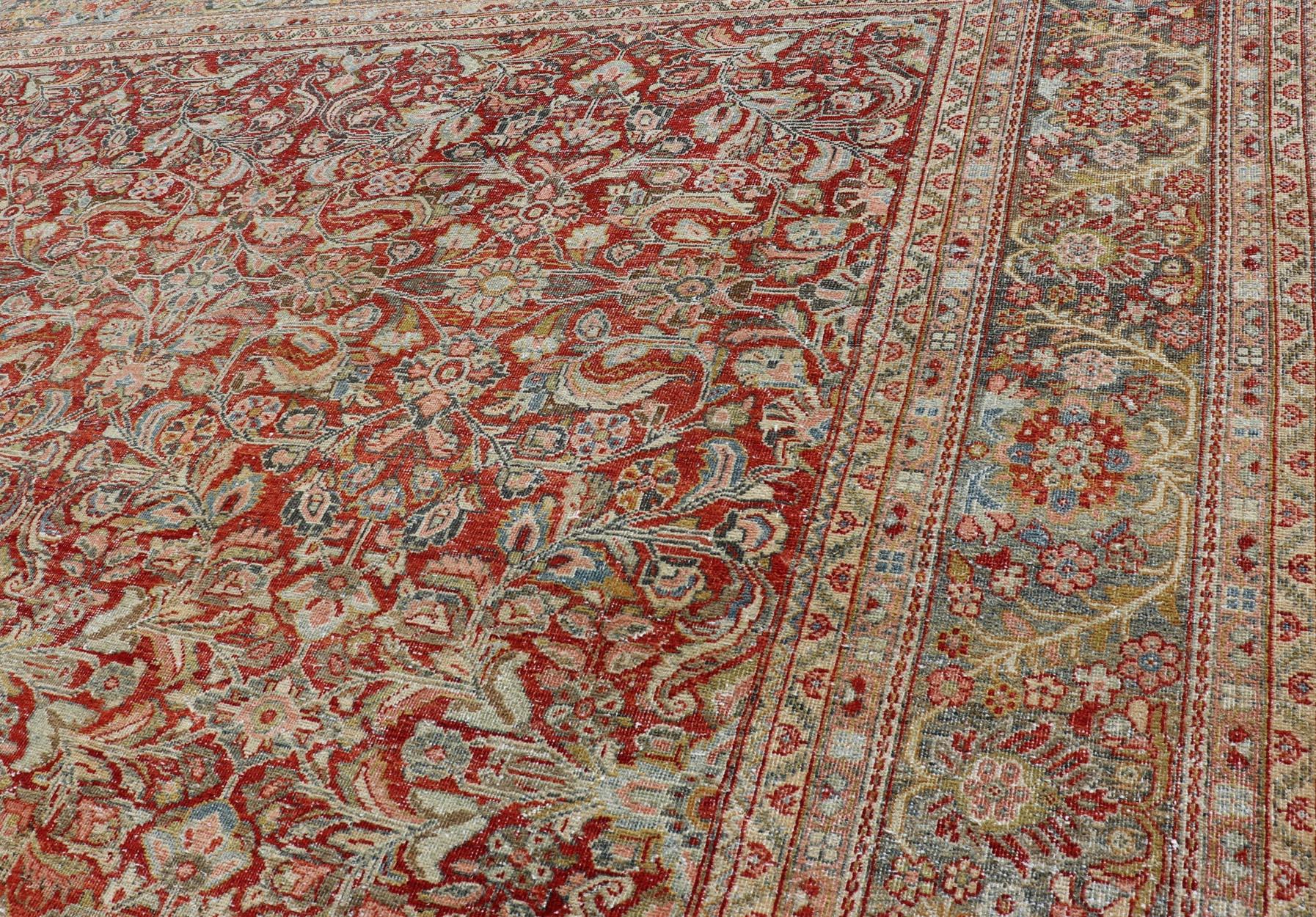 Antique Large Persian Colorful Sultanabad Mahal Rug with All Over Floral Design For Sale 7